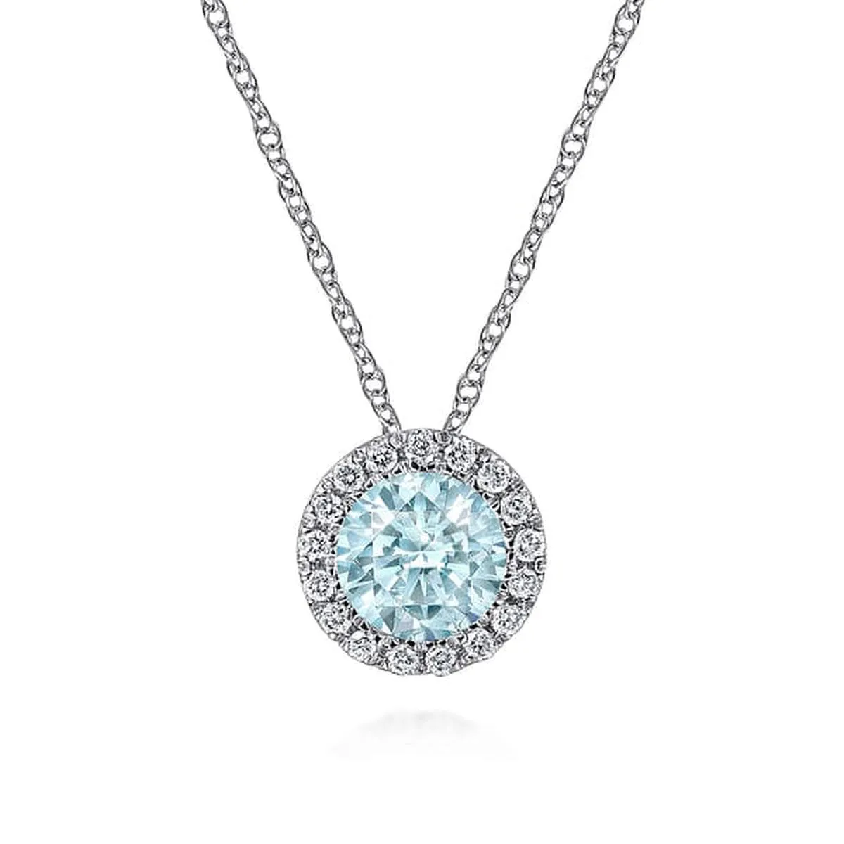 14K White Gold Aquamarine and Diamond Halo Pendant Necklace - NK2824W45AQ