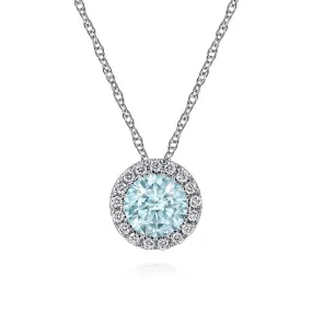 14K White Gold Aquamarine and Diamond Halo Pendant Necklace - NK2824W45AQ