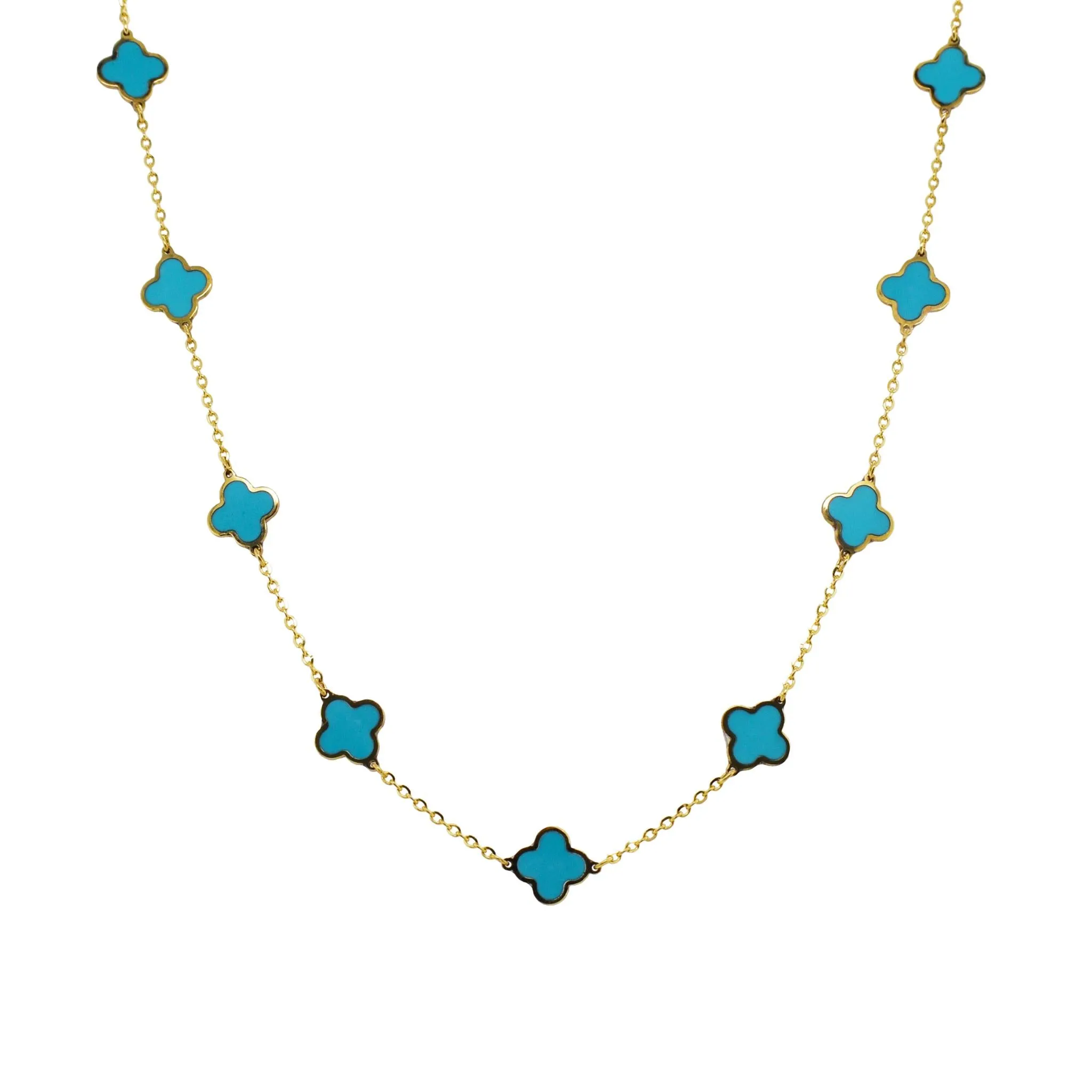 14K Yellow Gold Clover Style Turquoise Necklace