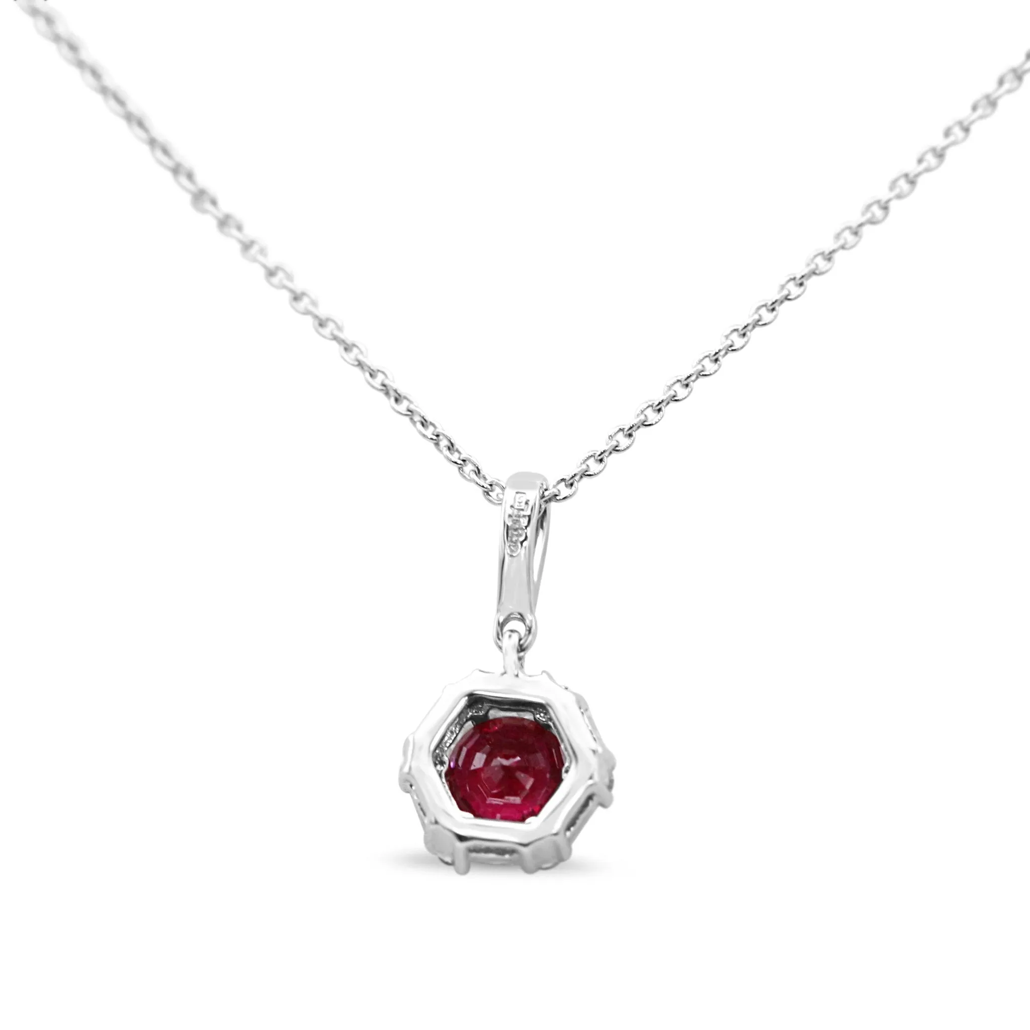 18ct White Gold Diamond & Ruby Cluster Pendant Necklace 17"