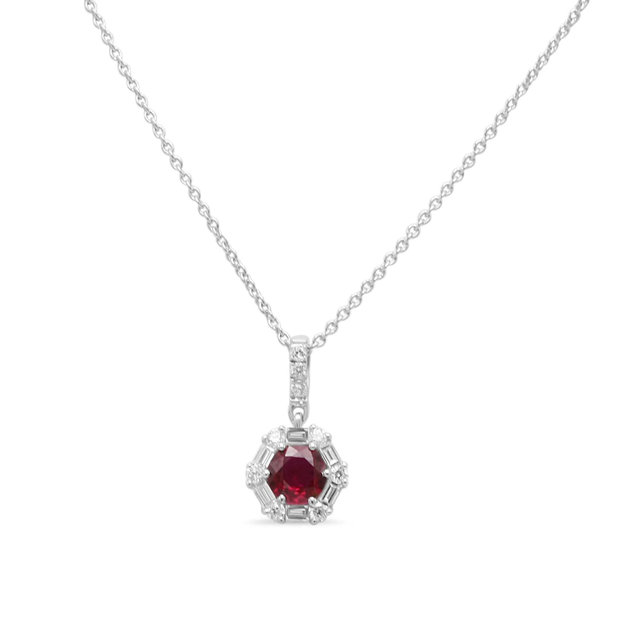 18ct White Gold Diamond & Ruby Cluster Pendant Necklace 17"