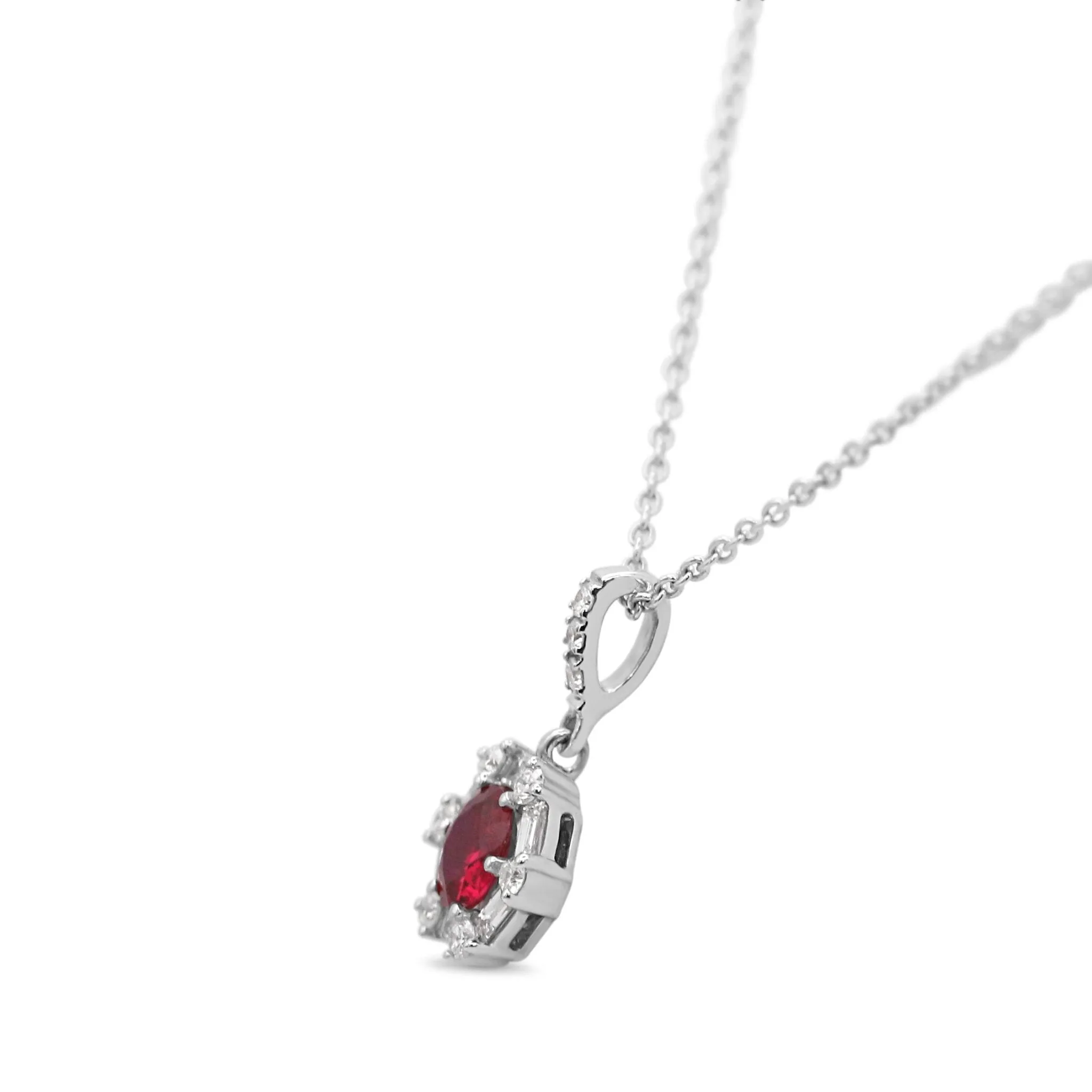18ct White Gold Diamond & Ruby Cluster Pendant Necklace 17"