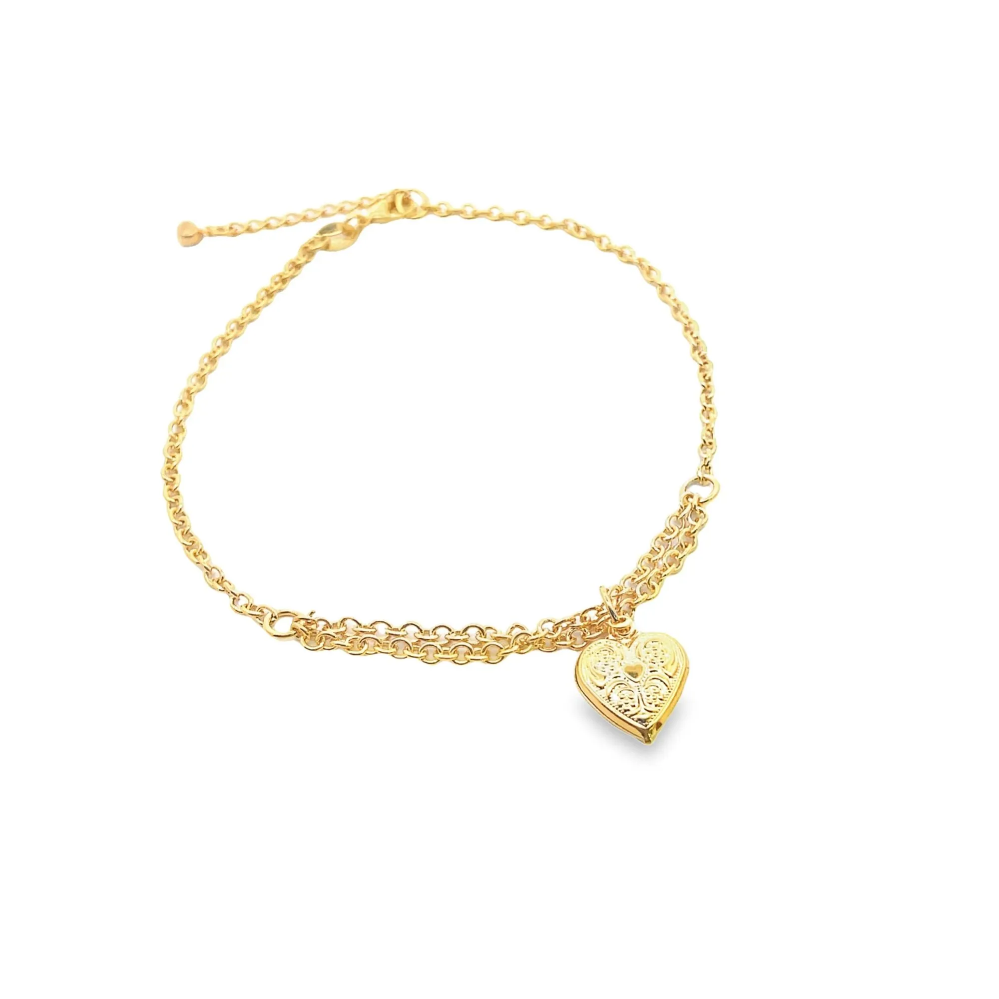 18K Gold Filled Heart Charm Anklet With A Round CZ Stone (E15)