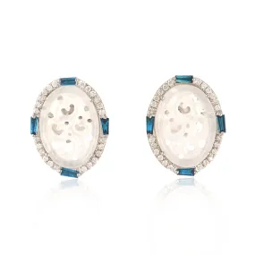 18K White Gold Carved Oval Jade Colored Baguette Diamond Stud For Christmas Gift