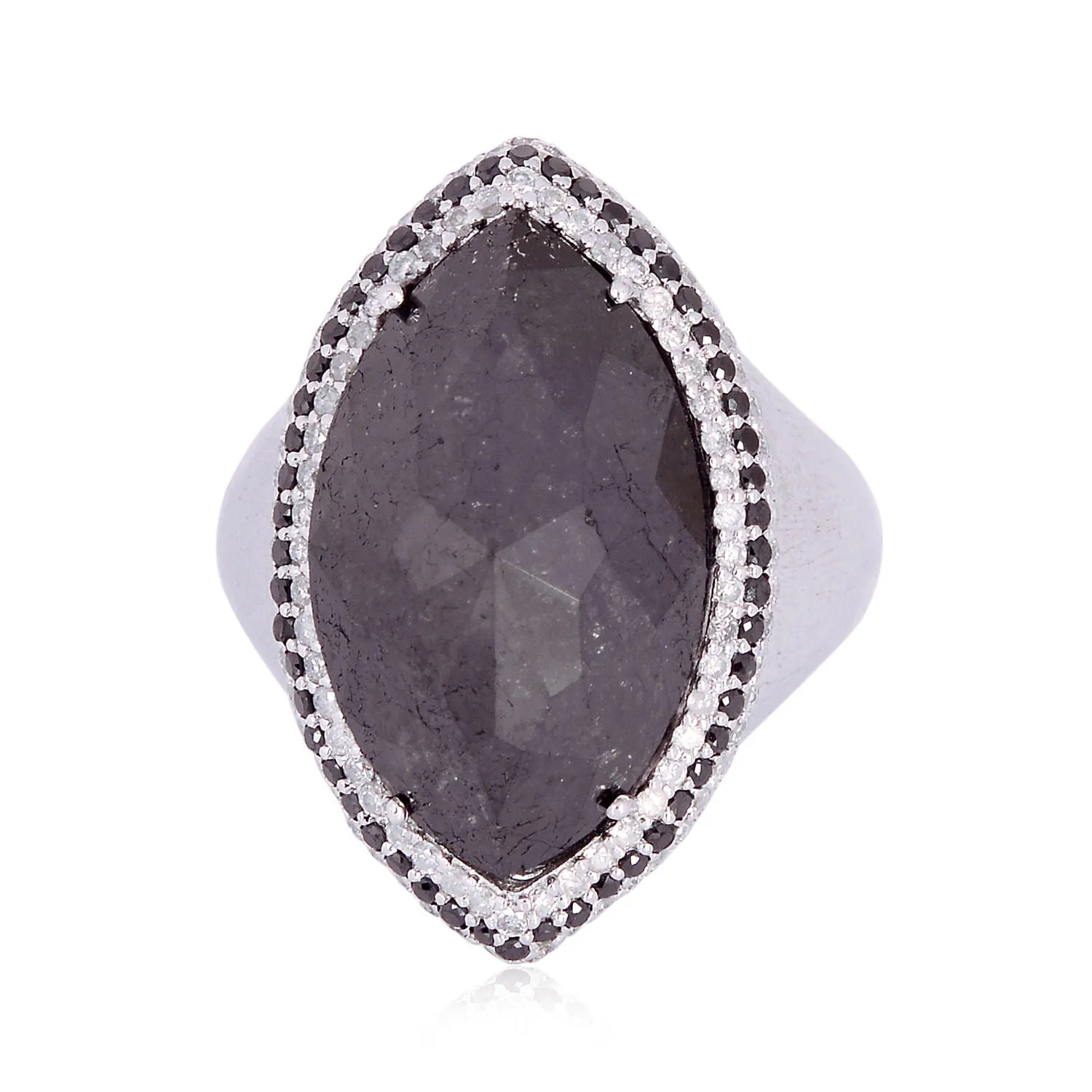 18K White Gold Marquise Cut Black & White Diamond Cocktail Ring For Her