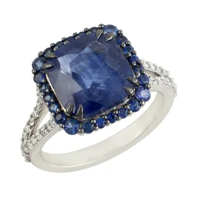 18k White Gold Pave Blue Sapphire Diamond Anniversary Ring For Her