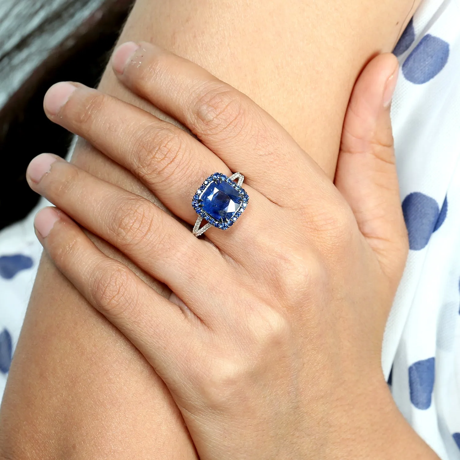 18k White Gold Pave Blue Sapphire Diamond Anniversary Ring For Her
