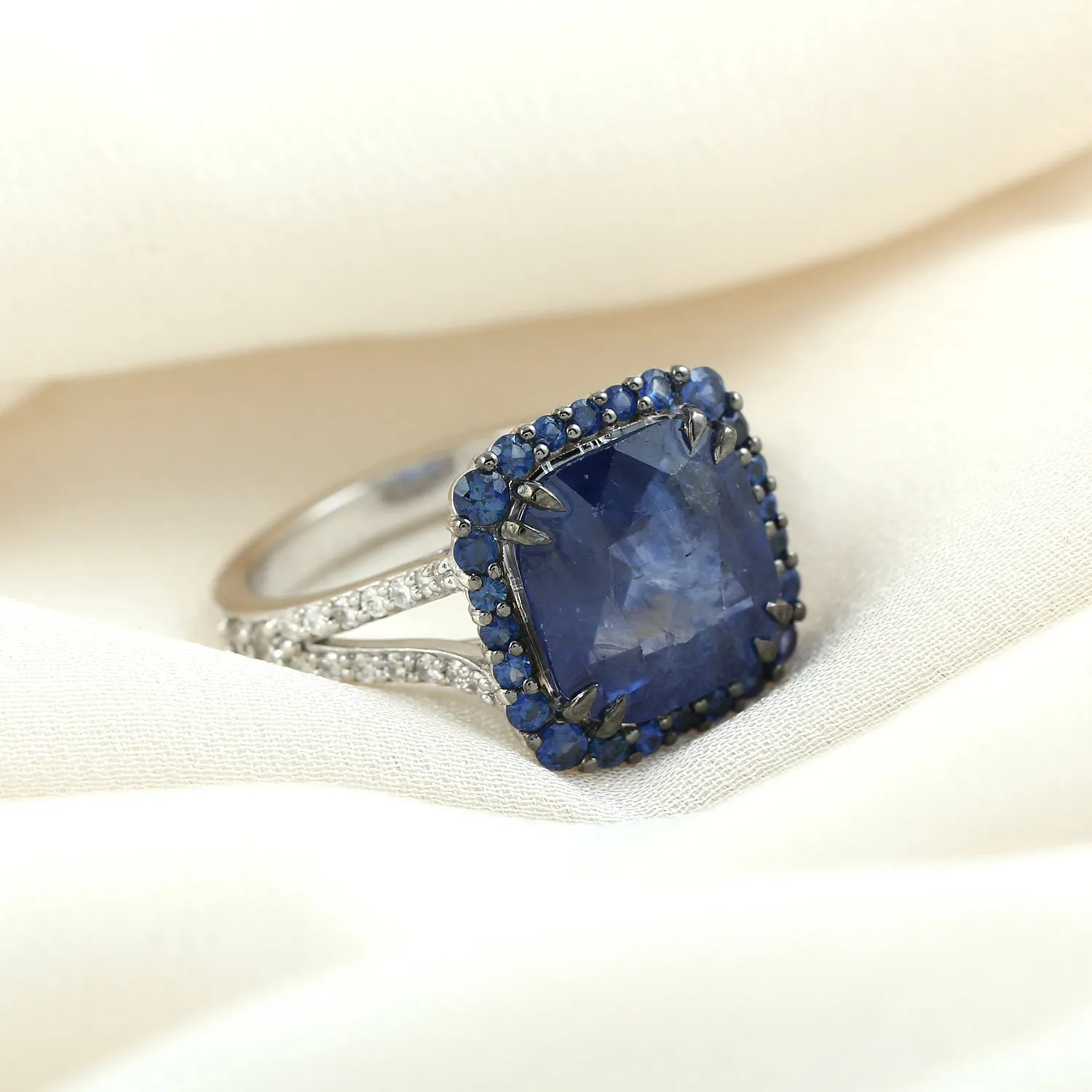 18k White Gold Pave Blue Sapphire Diamond Anniversary Ring For Her