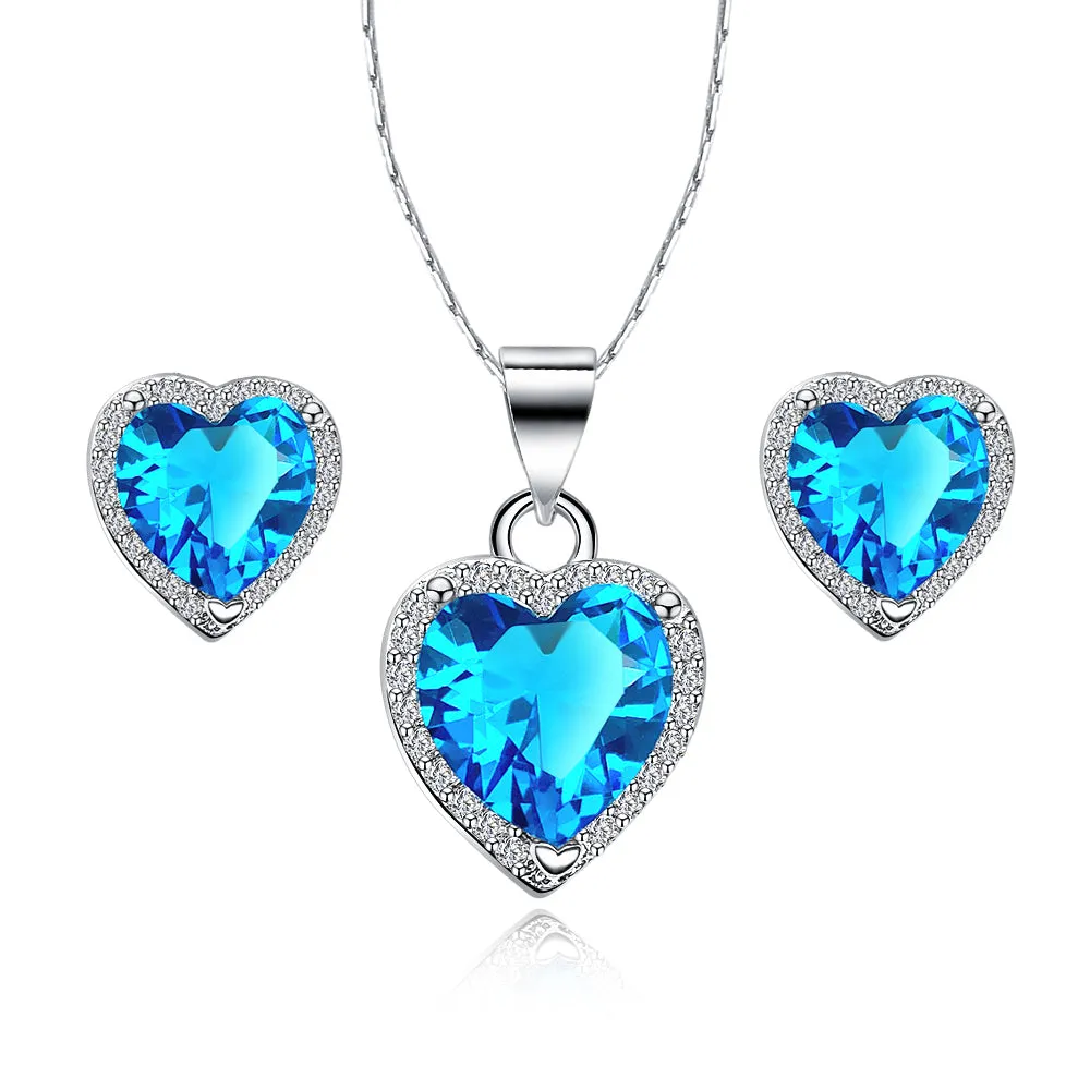 18k White Gold Plated Heart 3 Carat Created Aquamarine Full Set Necklace 18 inch