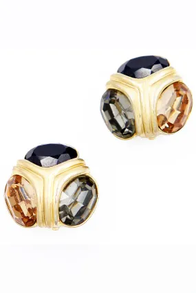 1980s Ciner Vintage Gold Earrings With Multi Colored Crystals