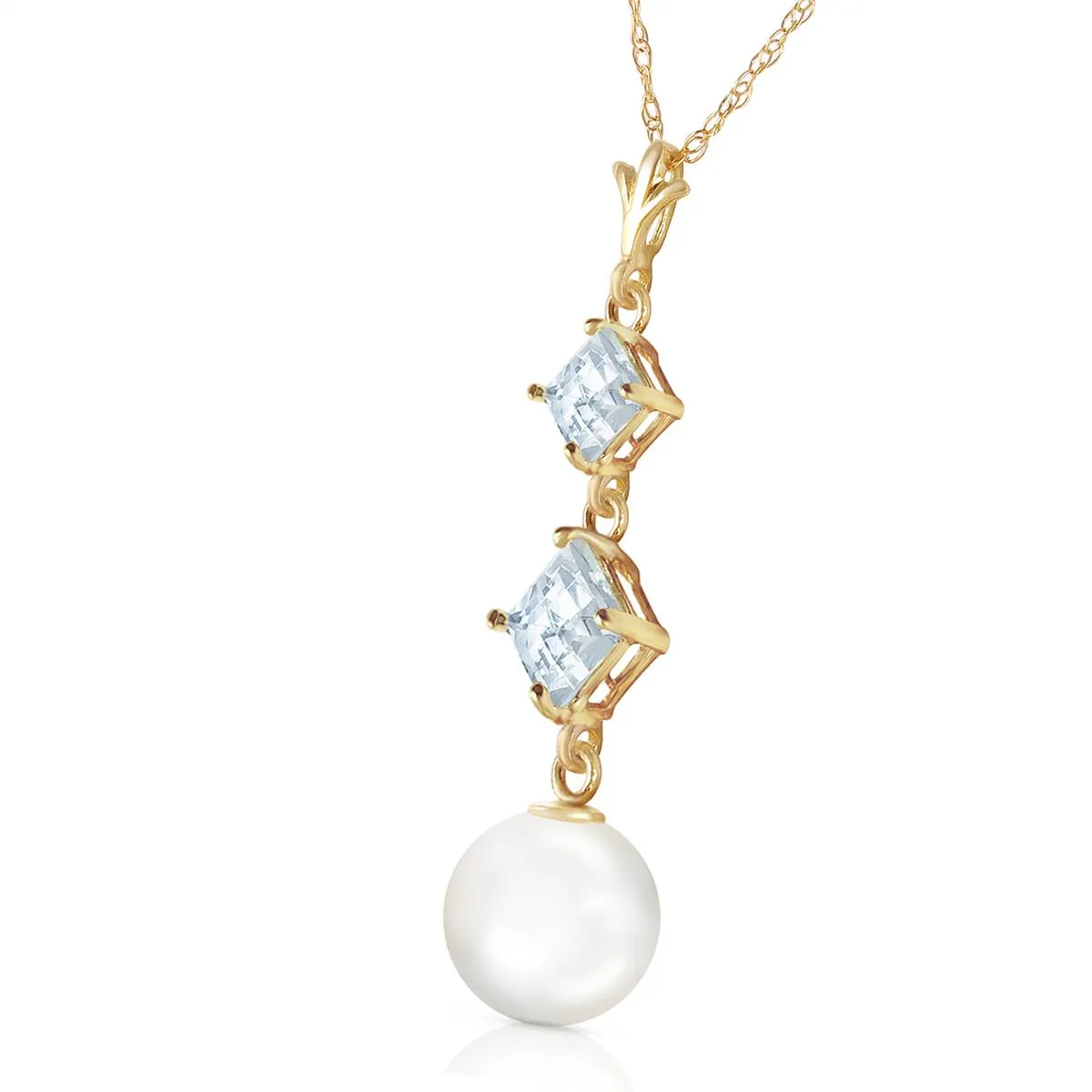 3.25 Carat 14K Solid Yellow Gold Mockingbird Aquamarine Pearl Necklace
