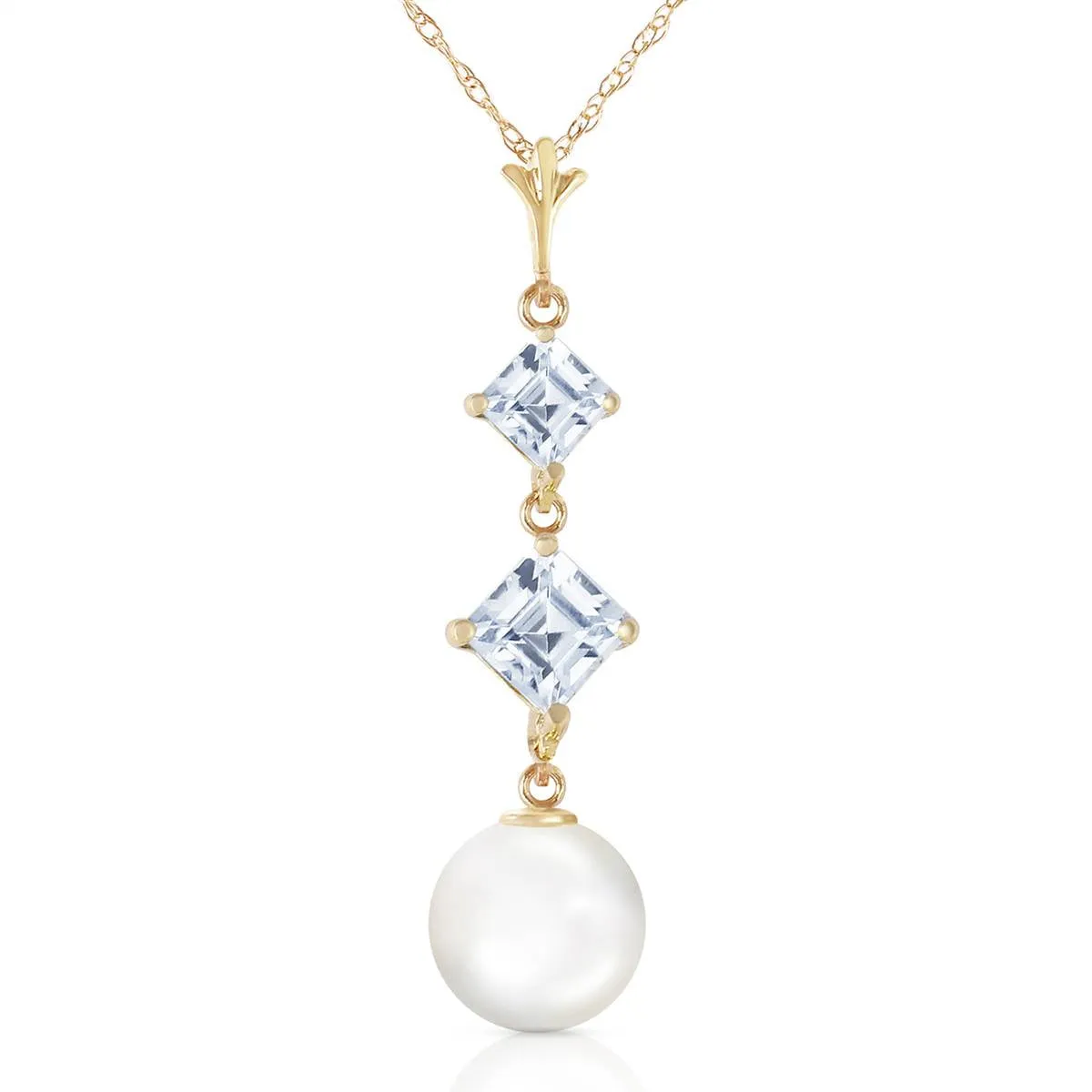 3.25 Carat 14K Solid Yellow Gold Mockingbird Aquamarine Pearl Necklace