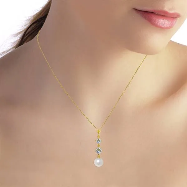 3.25 Carat 14K Solid Yellow Gold Mockingbird Aquamarine Pearl Necklace