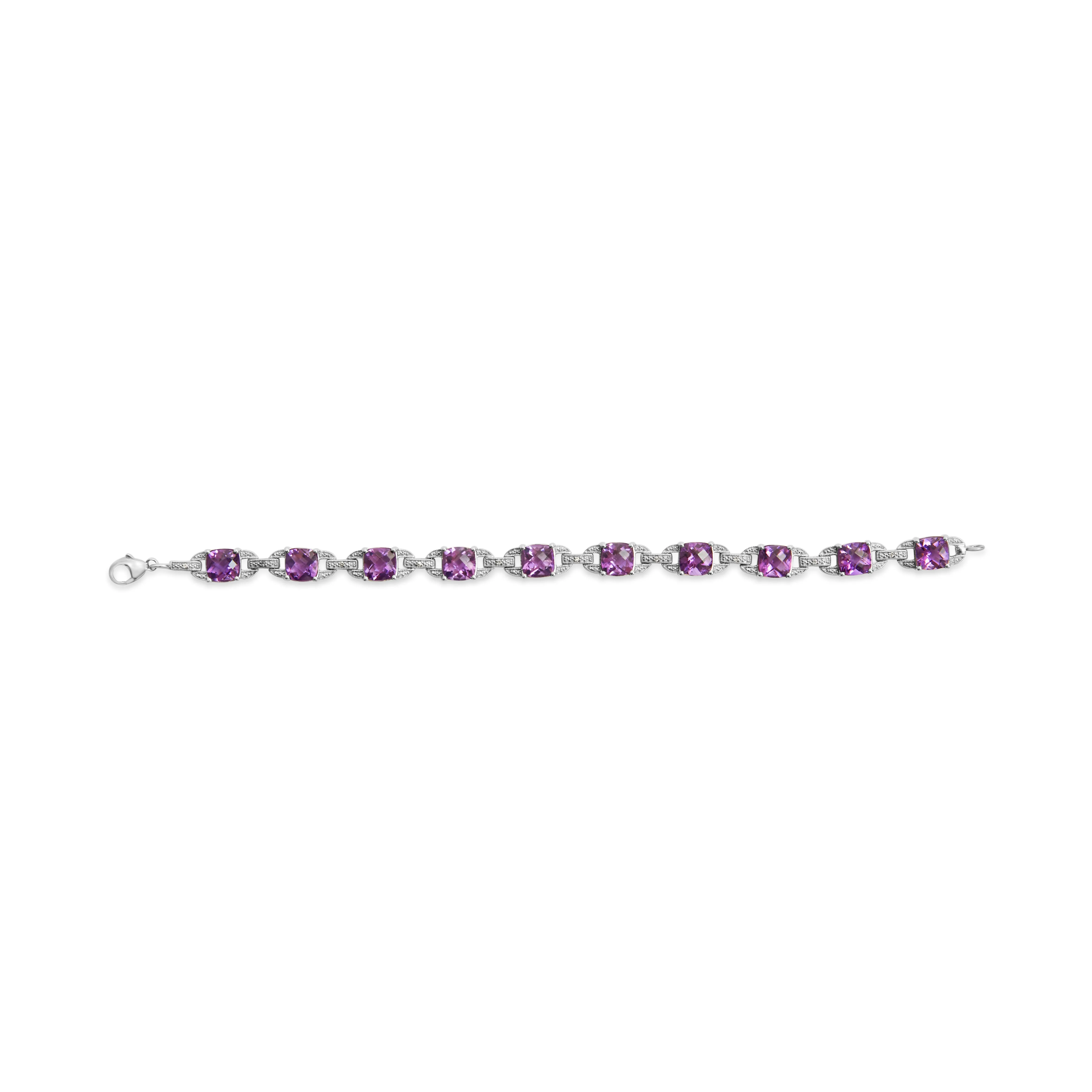 .925 Sterling Silver 7mm Cushion Cut Amethyst Gemstone and Diamond Tennis Link Bracelet