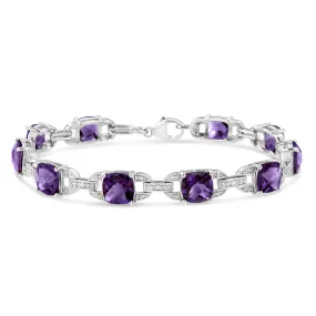 .925 Sterling Silver 7mm Cushion Cut Amethyst Gemstone and Diamond Tennis Link Bracelet