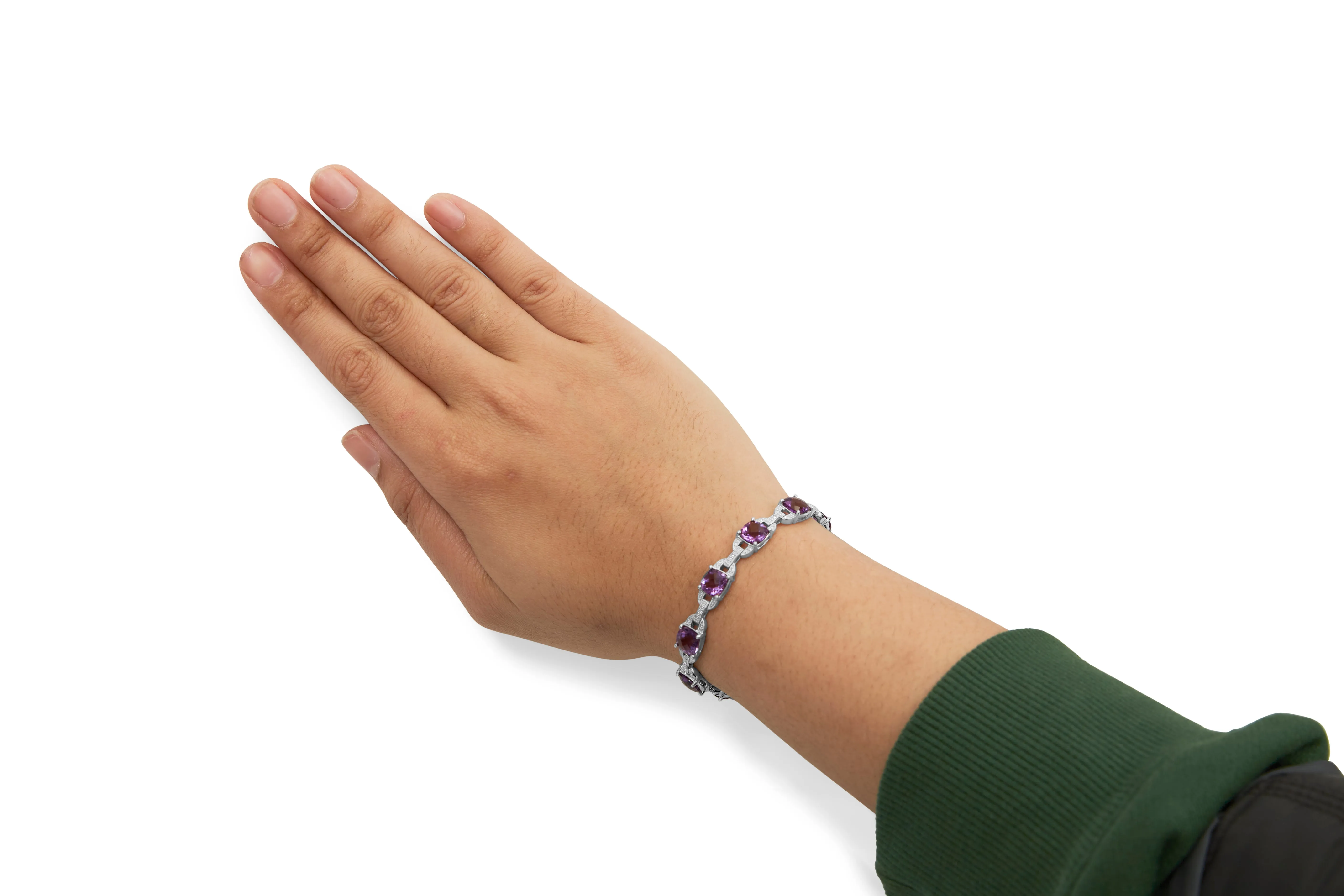.925 Sterling Silver 7mm Cushion Cut Amethyst Gemstone and Diamond Tennis Link Bracelet
