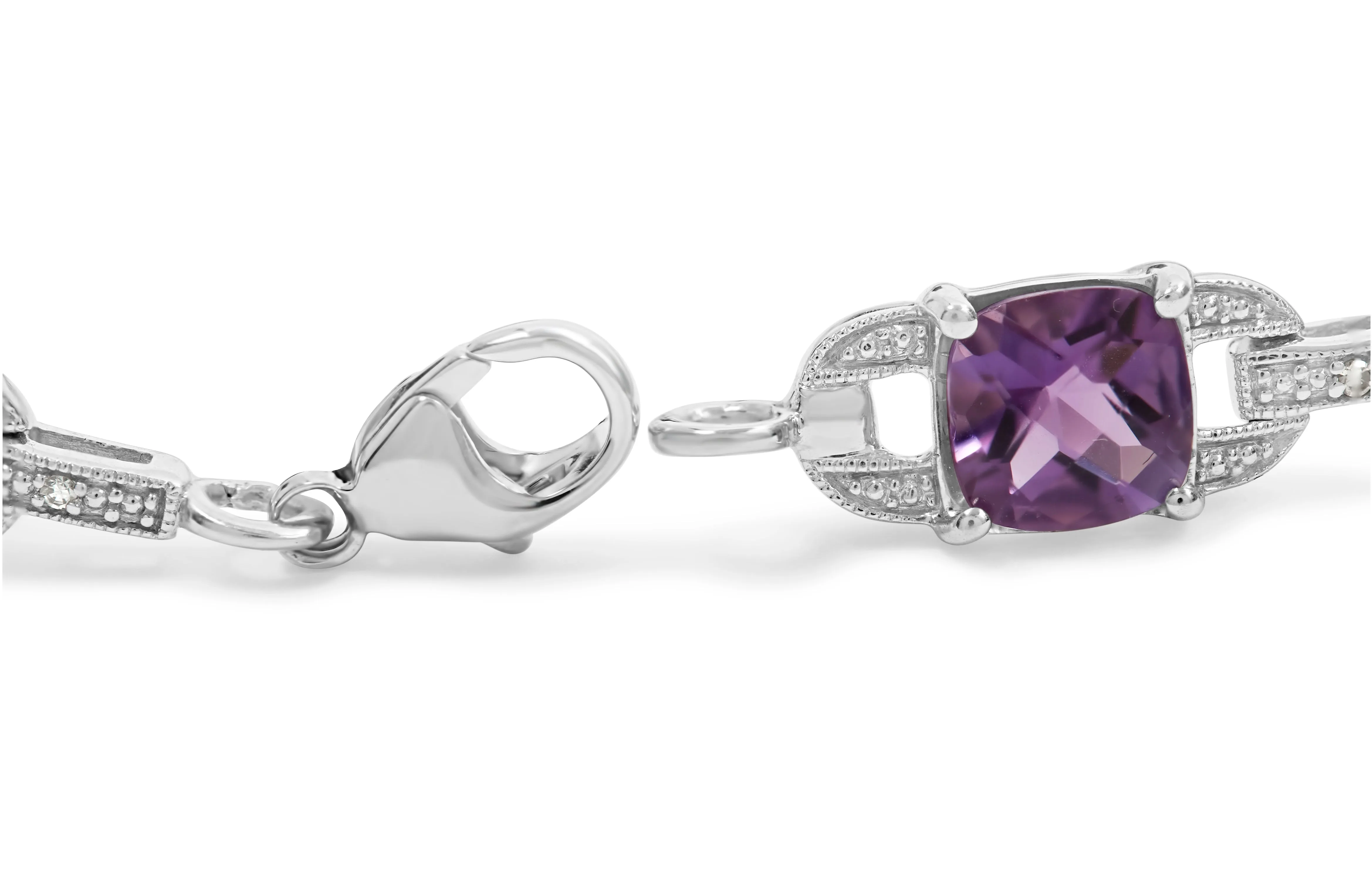 .925 Sterling Silver 7mm Cushion Cut Amethyst Gemstone and Diamond Tennis Link Bracelet