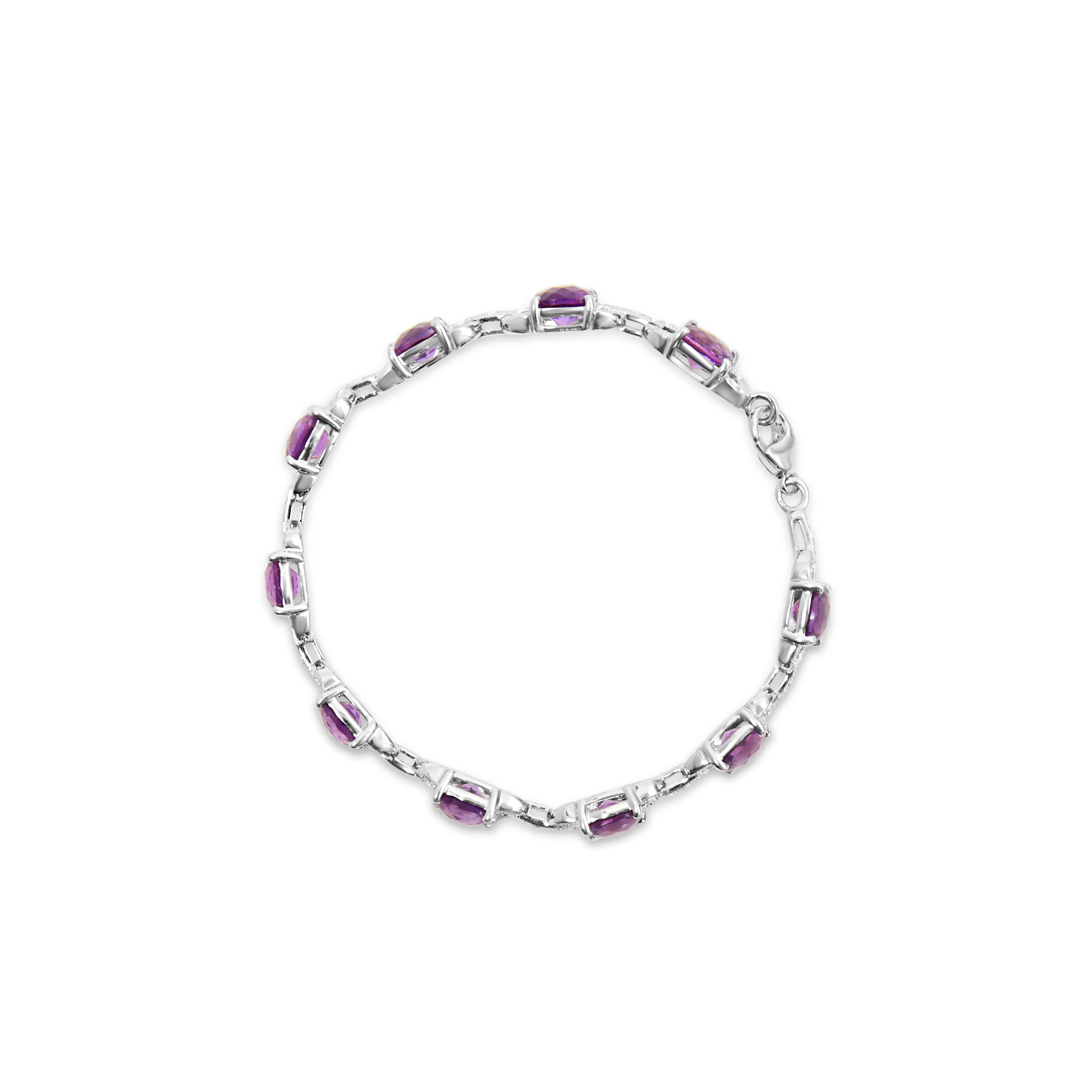 .925 Sterling Silver 7mm Cushion Cut Amethyst Gemstone and Diamond Tennis Link Bracelet