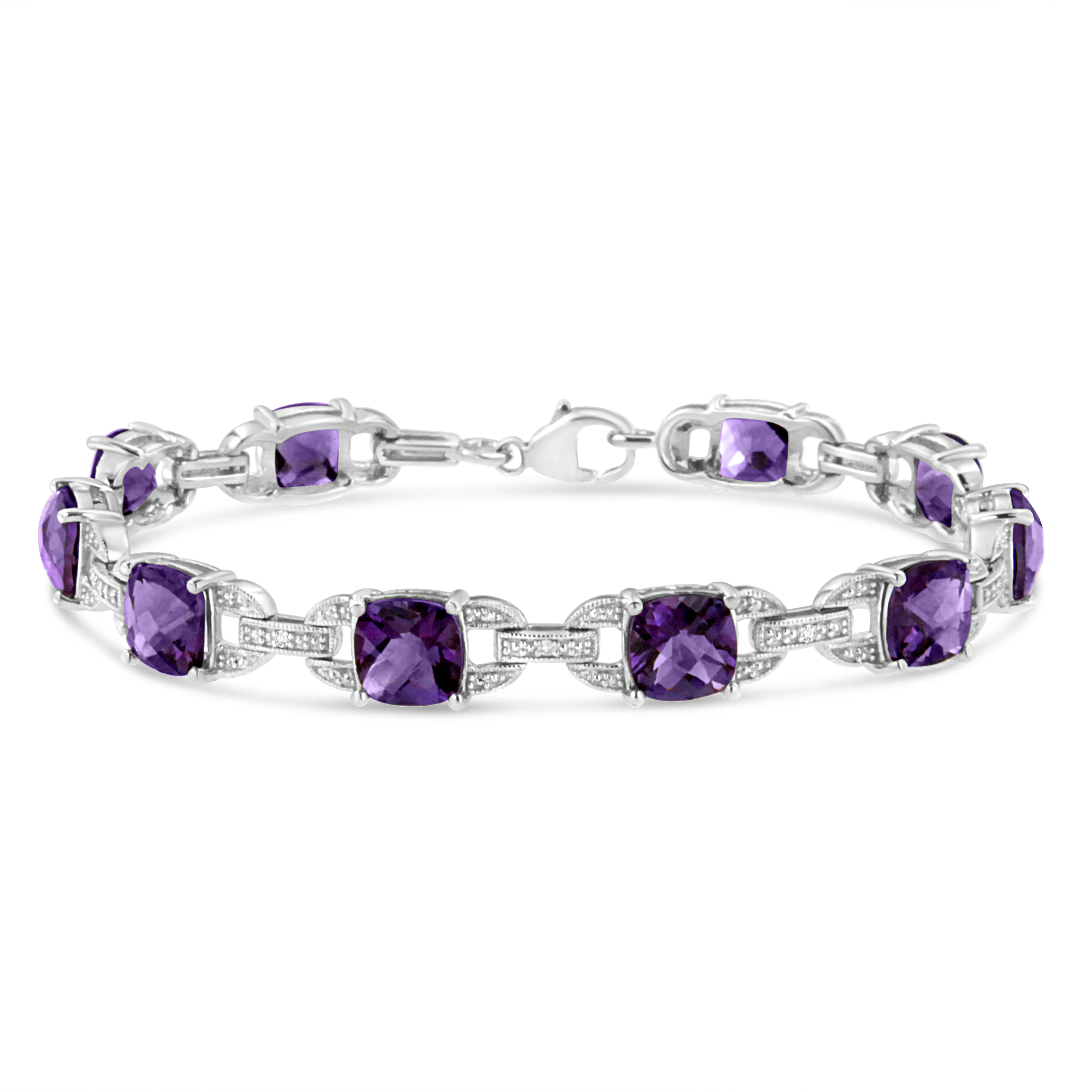 .925 Sterling Silver 7mm Cushion Cut Amethyst Gemstone and Diamond Tennis Link Bracelet