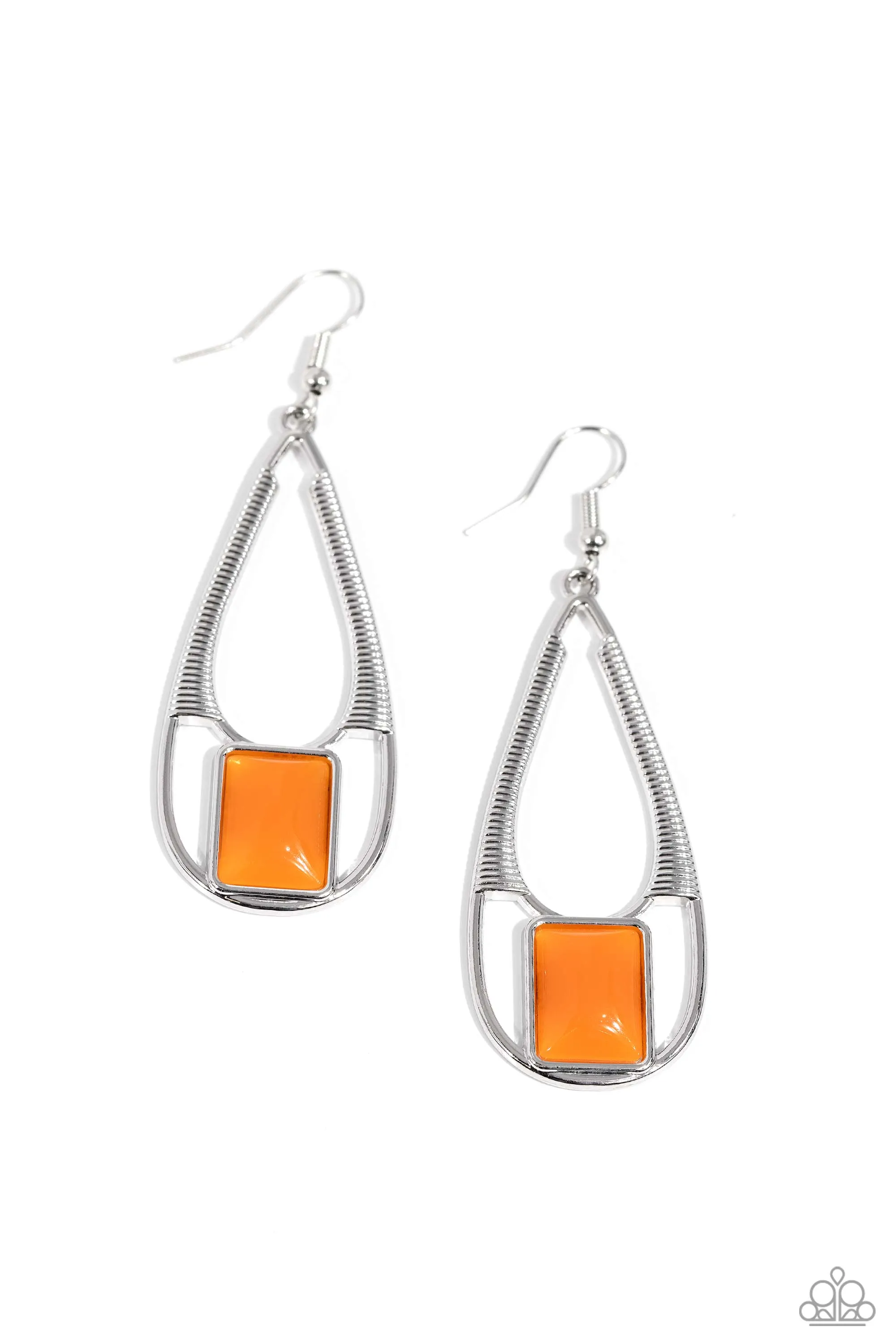Adventure Story - Orange - Rectangle Bead Silver Teardrop Paparazzi Fishhook Earrings