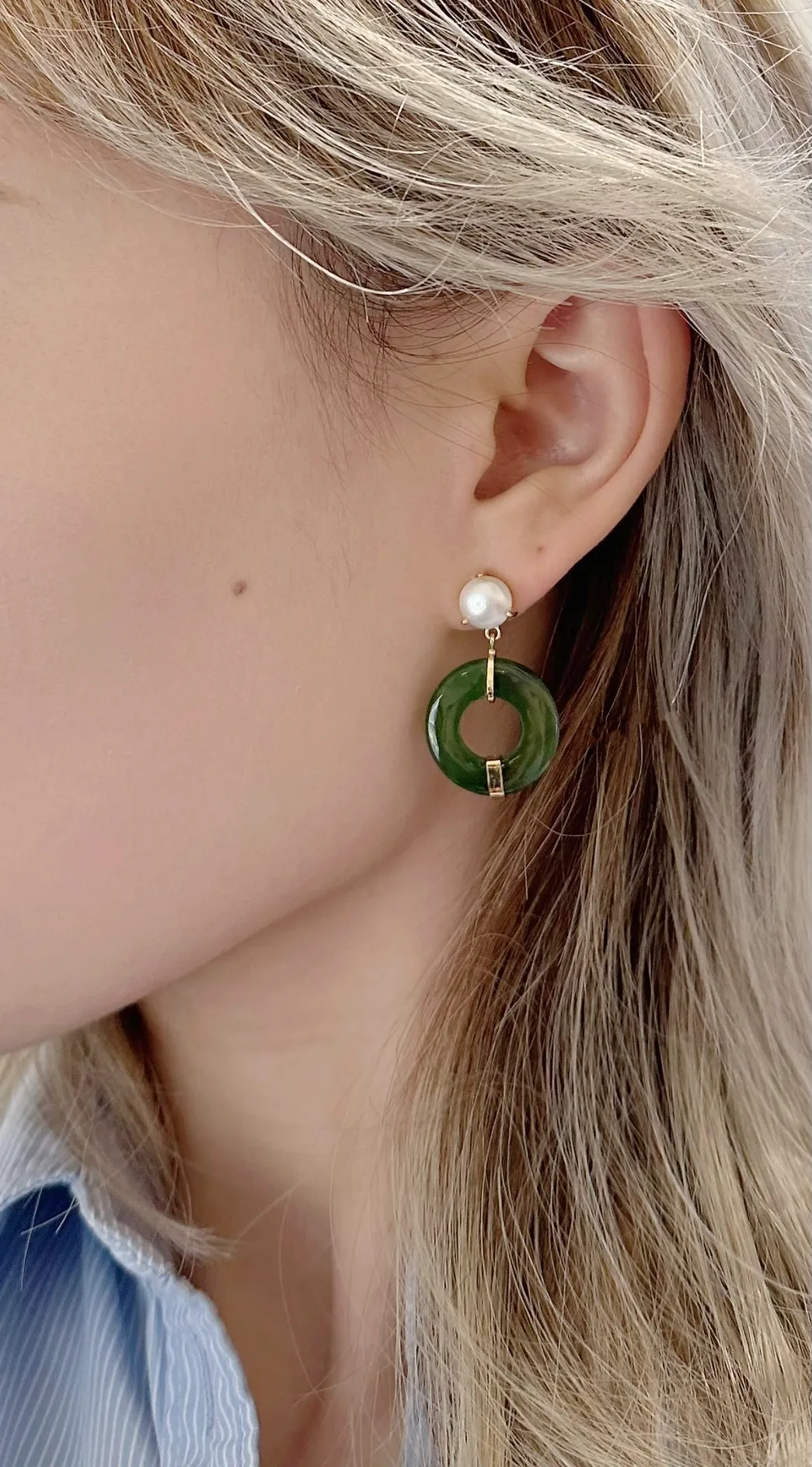 Amare Wear Oriental Inspired Freshwater Pearl and Rare Jade Dangle Earrings