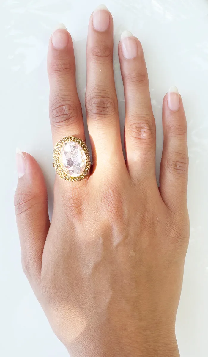 Amira Jeweled Blush Pink and Champagne Crystal Oval Cocktail Ring