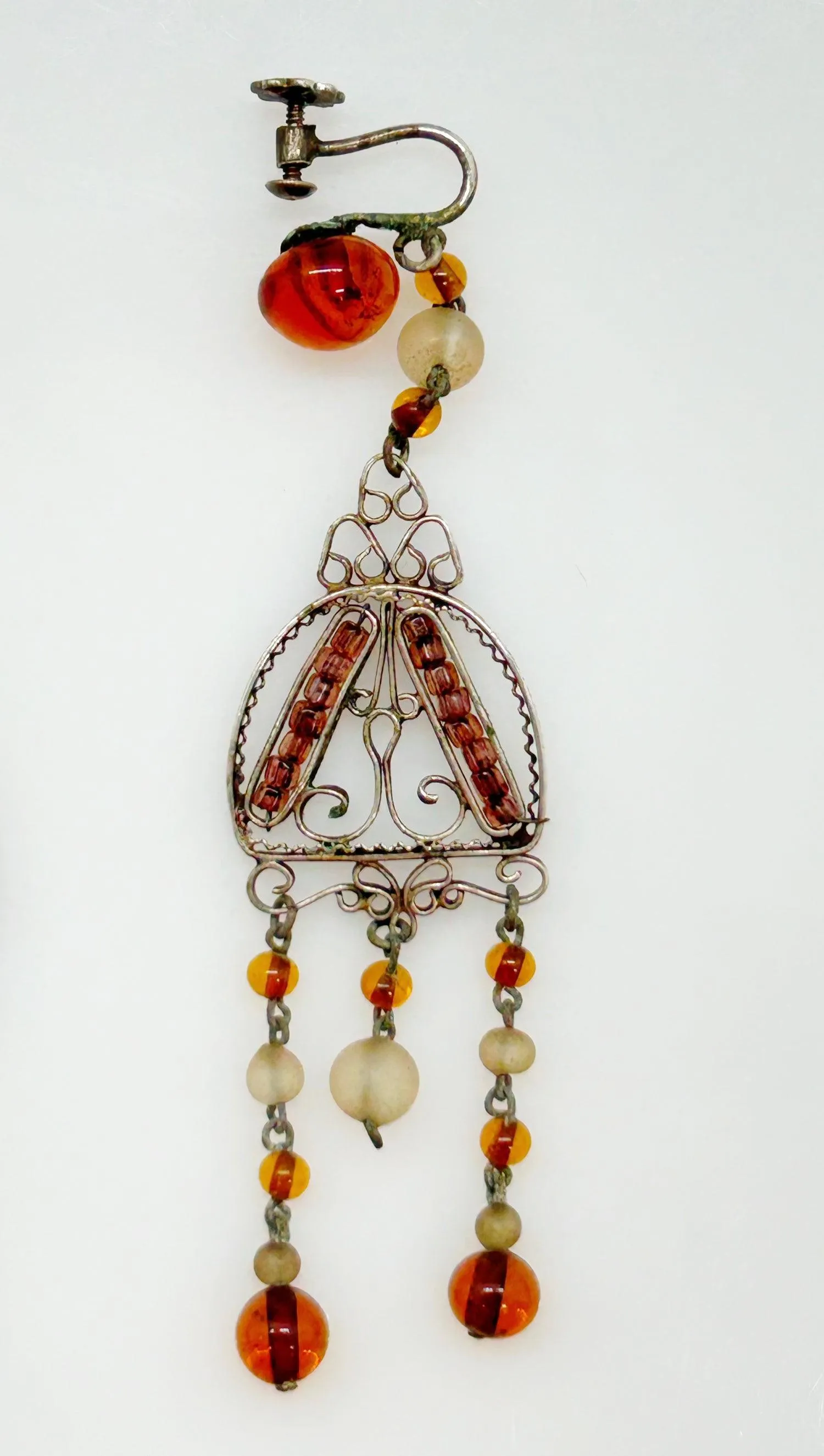 Antique Amber Glass and Sterling Silver Edwardian Drop Earrings