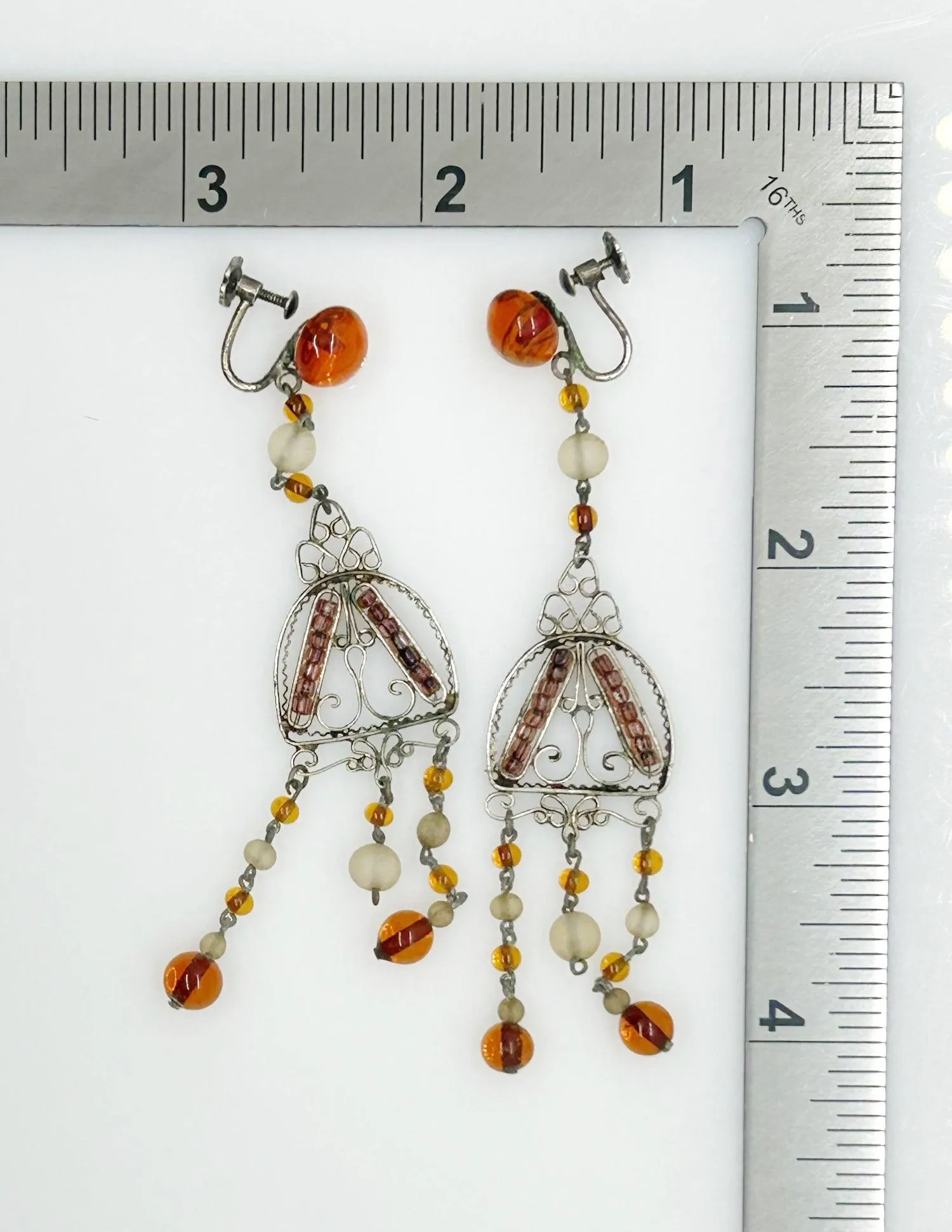 Antique Amber Glass and Sterling Silver Edwardian Drop Earrings