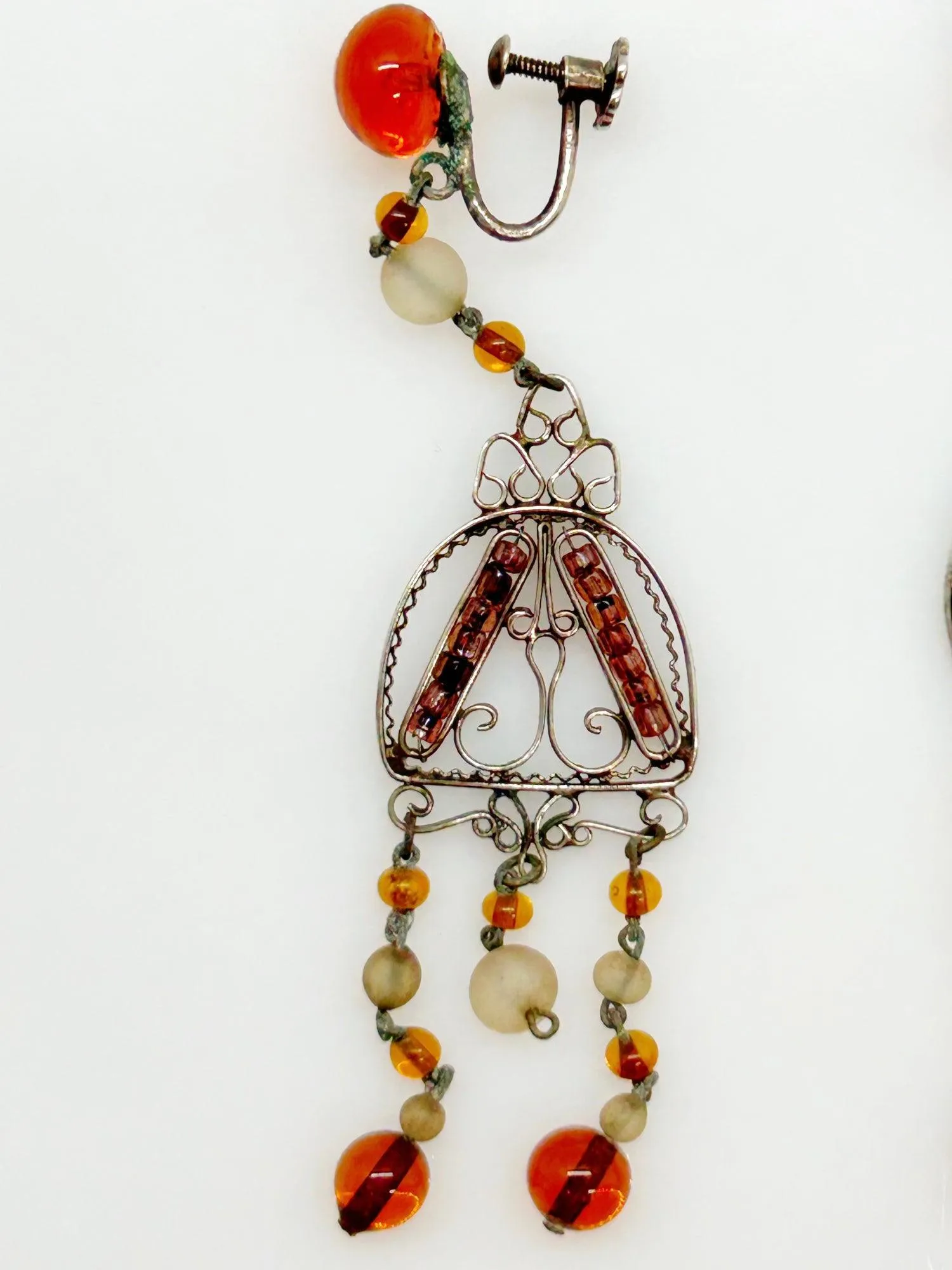 Antique Amber Glass and Sterling Silver Edwardian Drop Earrings