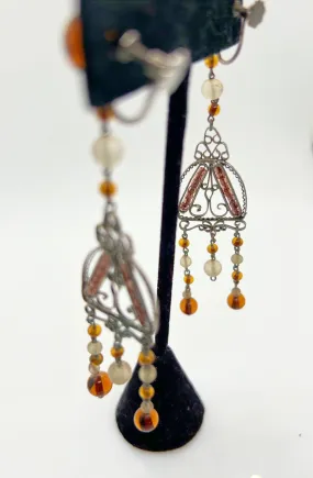 Antique Amber Glass and Sterling Silver Edwardian Drop Earrings