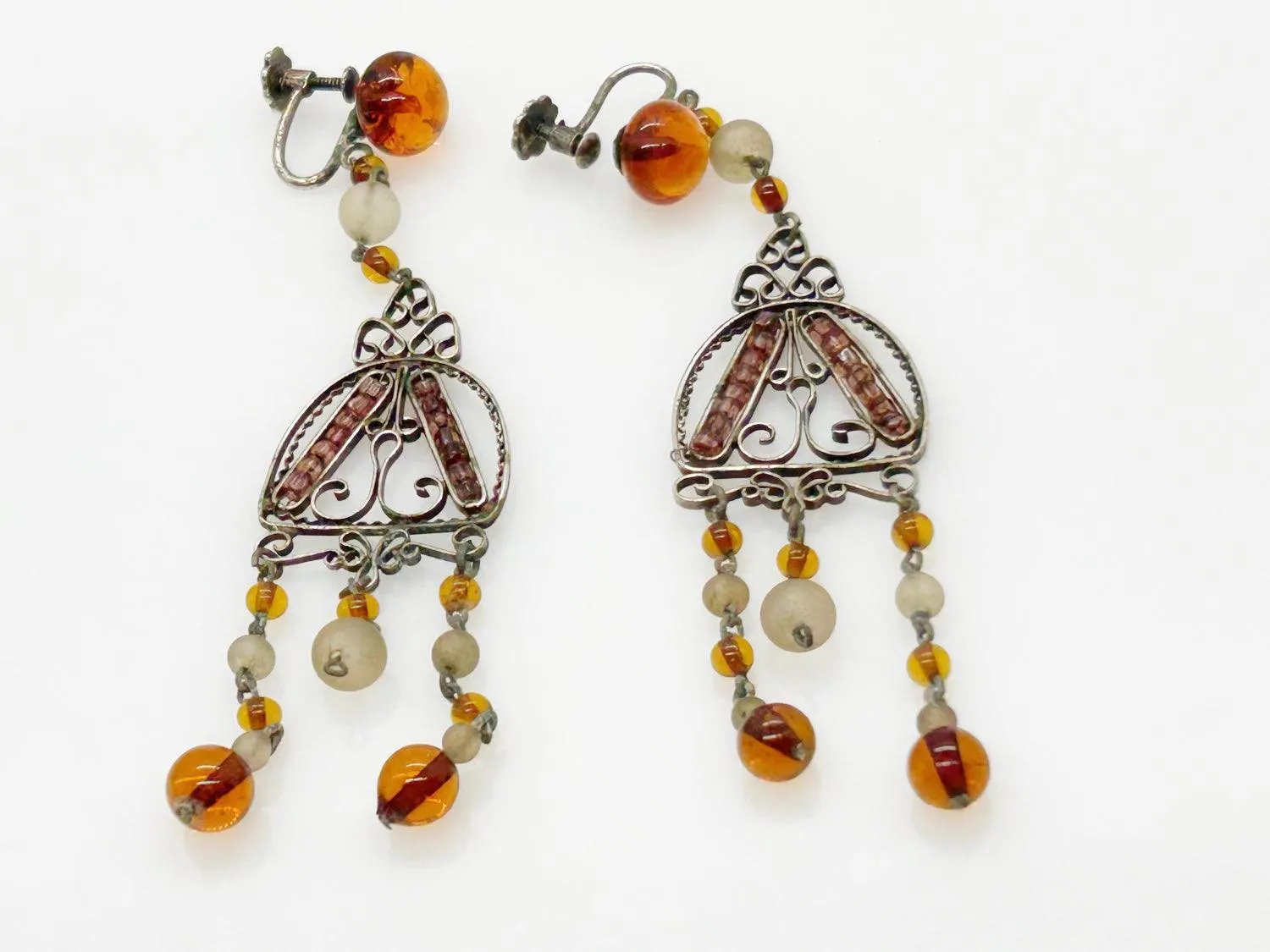 Antique Amber Glass and Sterling Silver Edwardian Drop Earrings