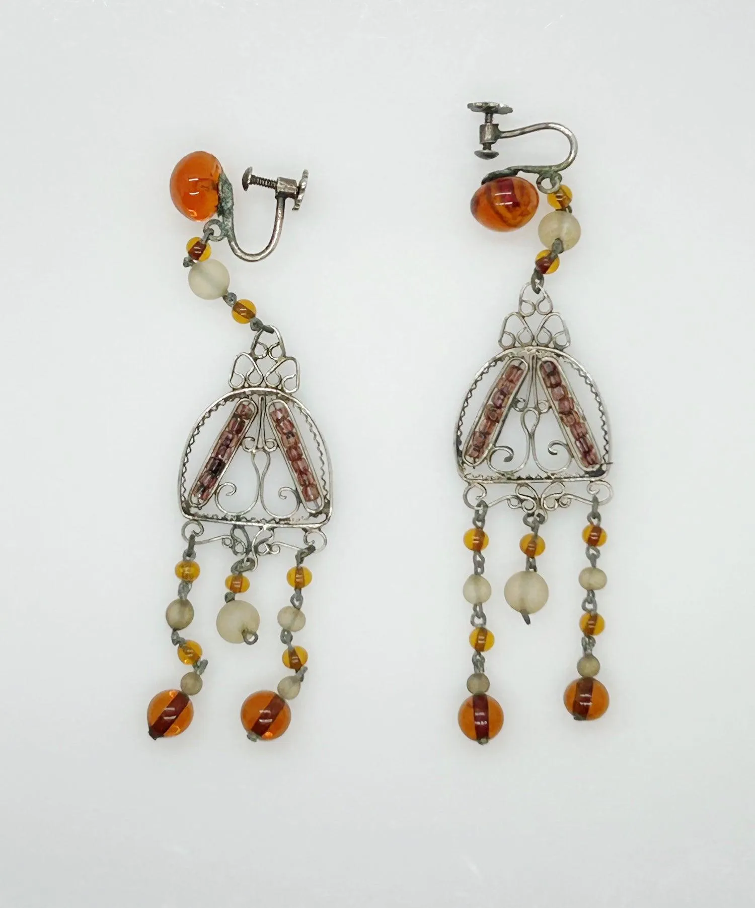 Antique Amber Glass and Sterling Silver Edwardian Drop Earrings