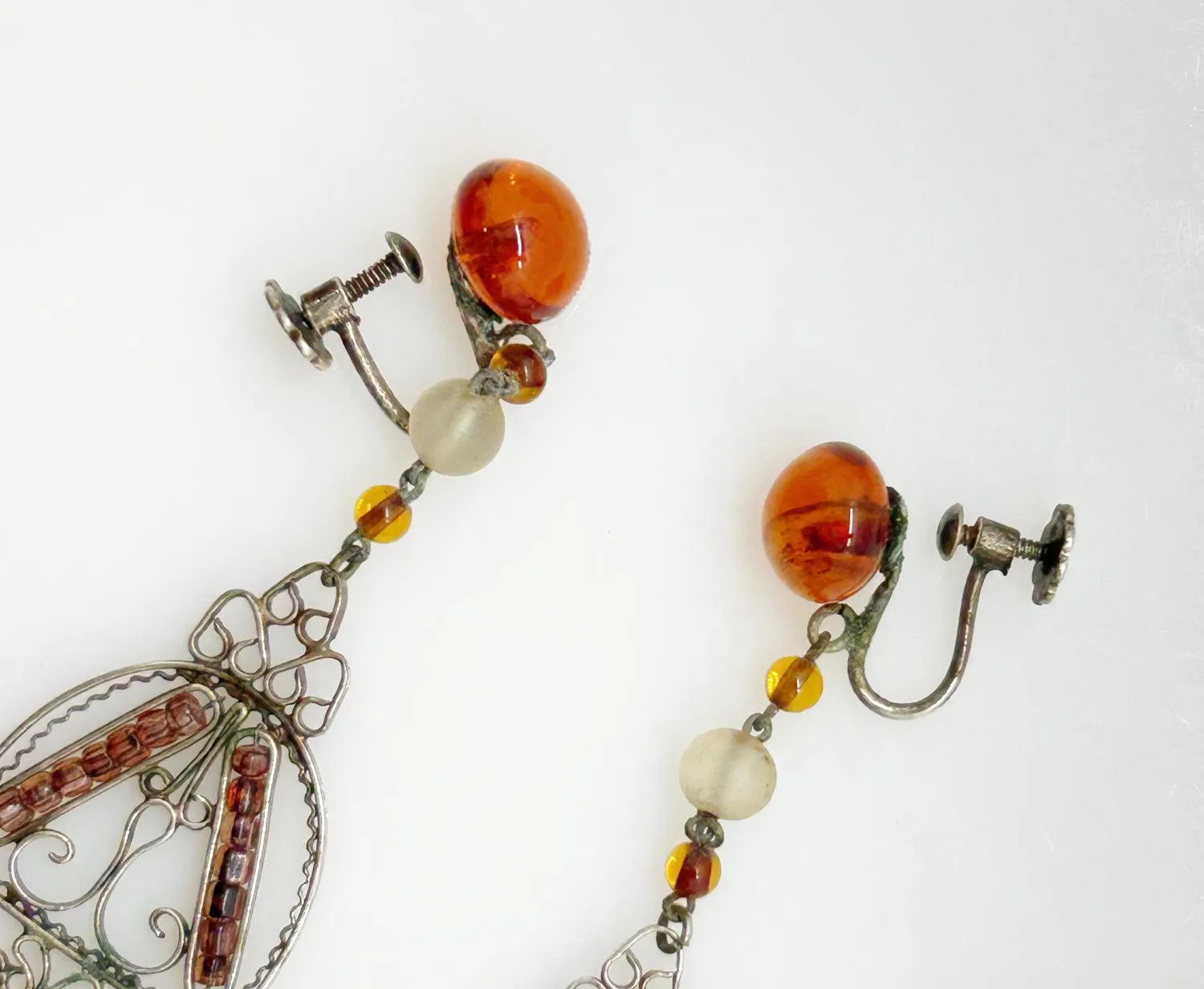 Antique Amber Glass and Sterling Silver Edwardian Drop Earrings