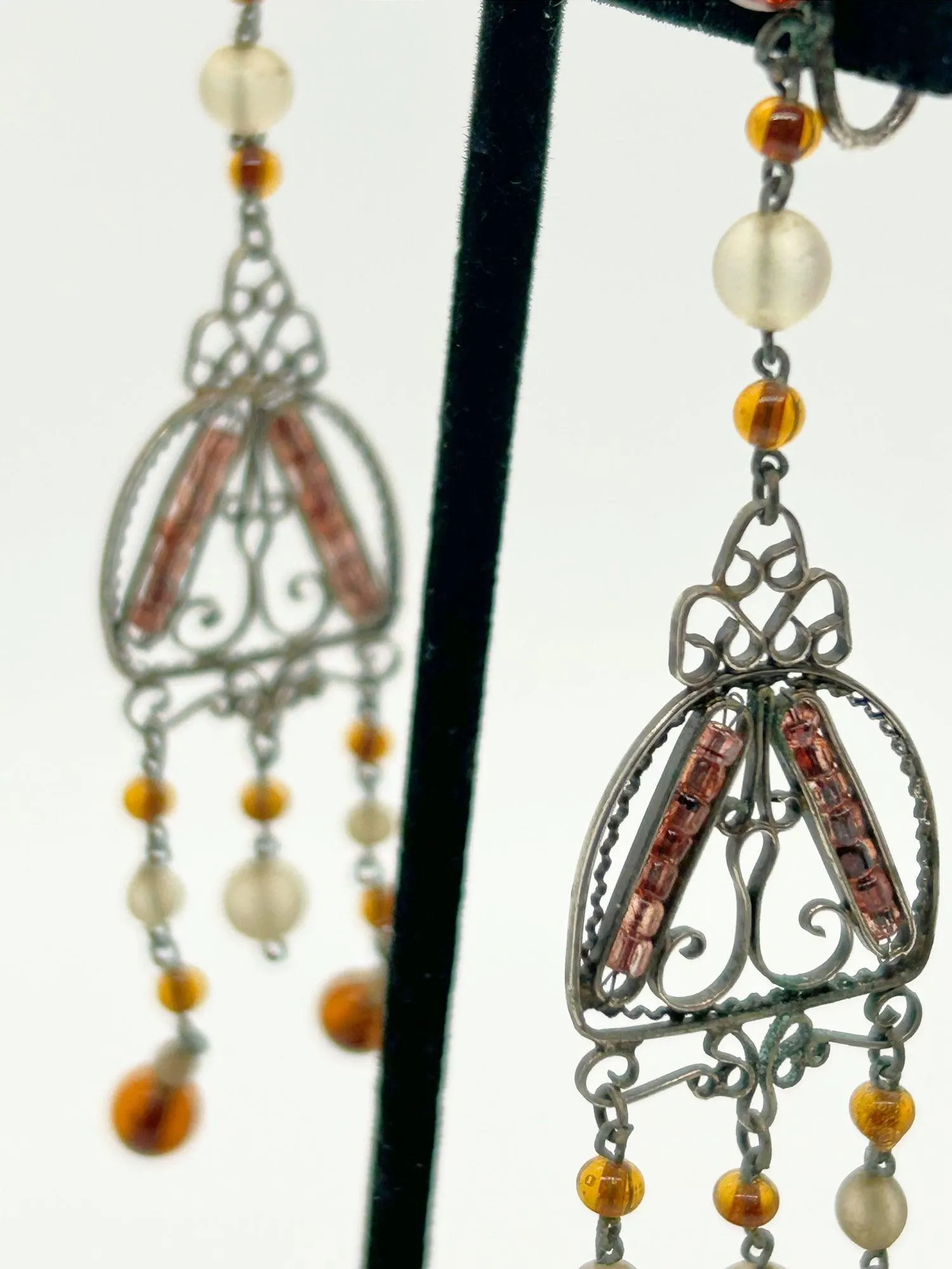 Antique Amber Glass and Sterling Silver Edwardian Drop Earrings