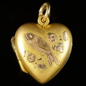 Antique Edwardian Heart Bird Locket 9Ct Gold Dated 1904