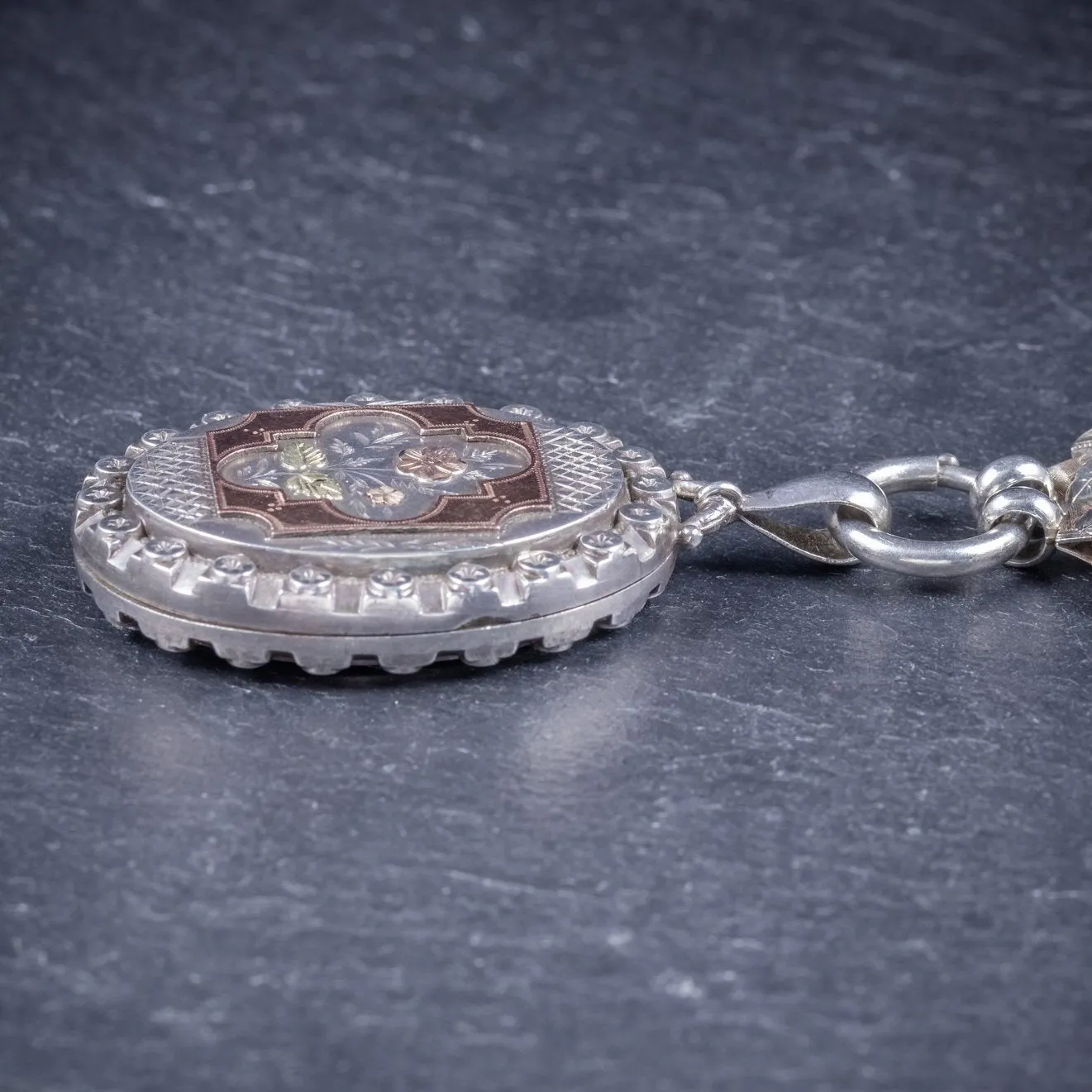 Antique Victorian Silver Locket Collar Forget Me Not Necklace Circa 1860