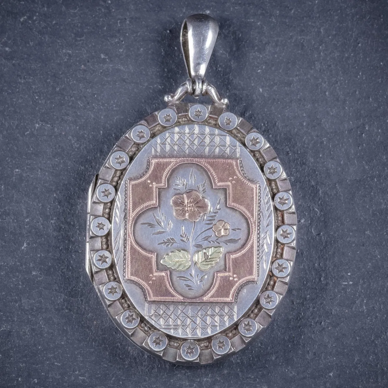 Antique Victorian Silver Locket Collar Forget Me Not Necklace Circa 1860