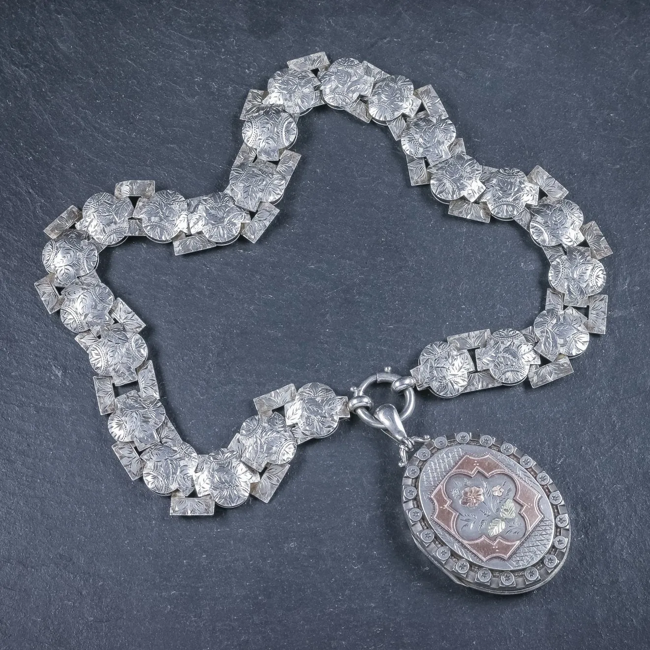 Antique Victorian Silver Locket Collar Forget Me Not Necklace Circa 1860