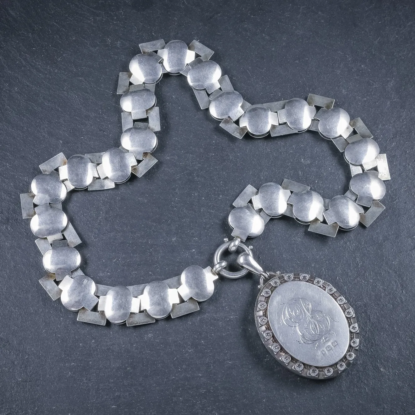 Antique Victorian Silver Locket Collar Forget Me Not Necklace Circa 1860