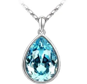 Aqua Dew Drop 12 Carat IOBI Crystal Tear Drop  Pear Shape 14K White Gold Plated Necklace For Woman