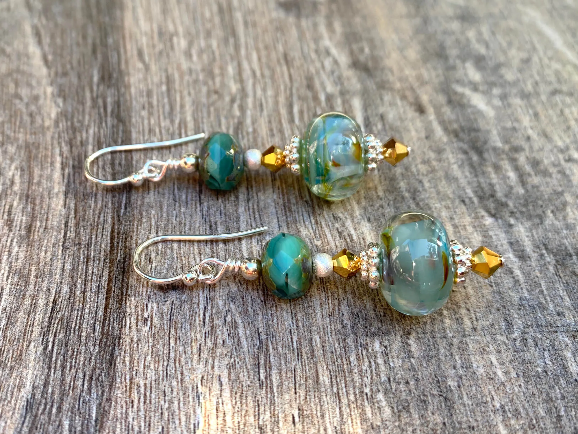 Aqua Gold Swirls Lampwork Earrings