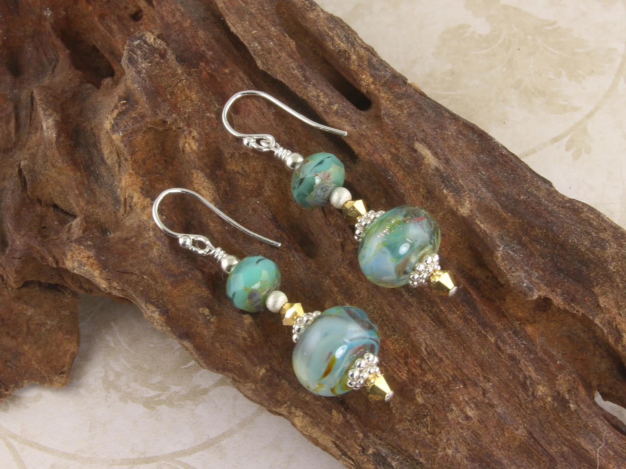 Aqua Gold Swirls Lampwork Earrings