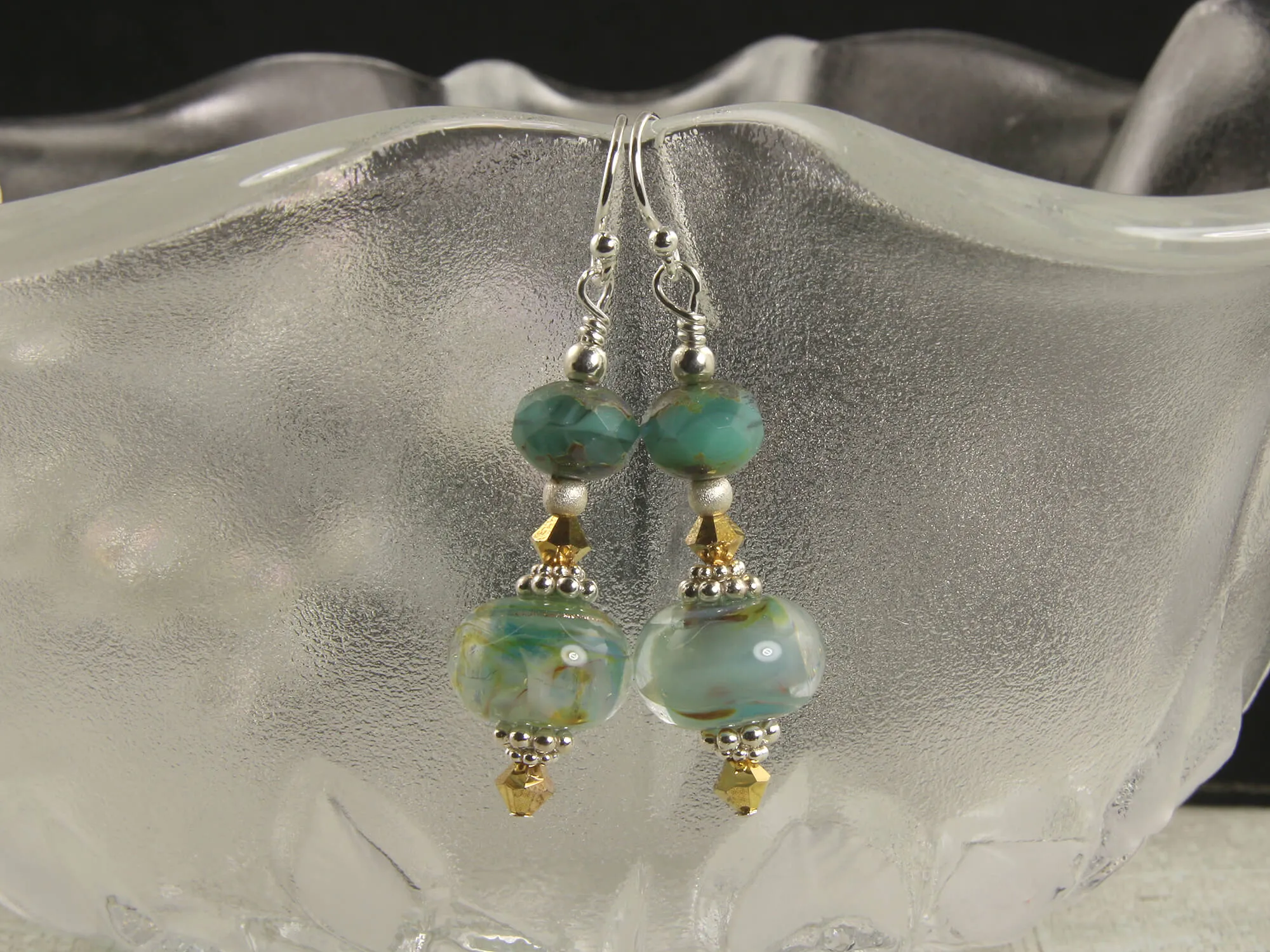 Aqua Gold Swirls Lampwork Earrings