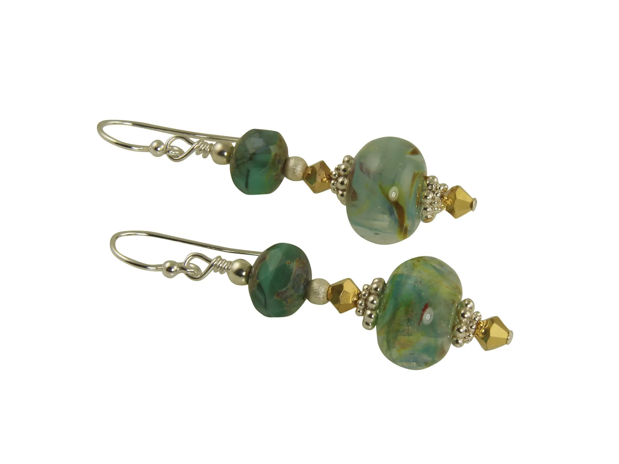 Aqua Gold Swirls Lampwork Earrings