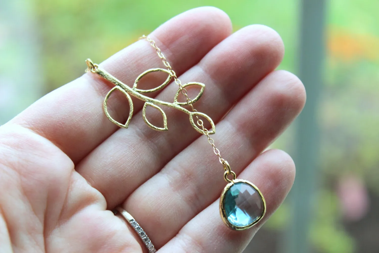 Aquamarine Lariat Necklace Aqua Blue Lariat Leaf Gold Necklace - Bridal Necklace - Bridesmaid Lariat Necklace - Bridesmaid Jewelry Wedding