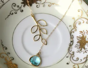 Aquamarine Lariat Necklace Aqua Blue Lariat Leaf Gold Necklace - Bridal Necklace - Bridesmaid Lariat Necklace - Bridesmaid Jewelry Wedding