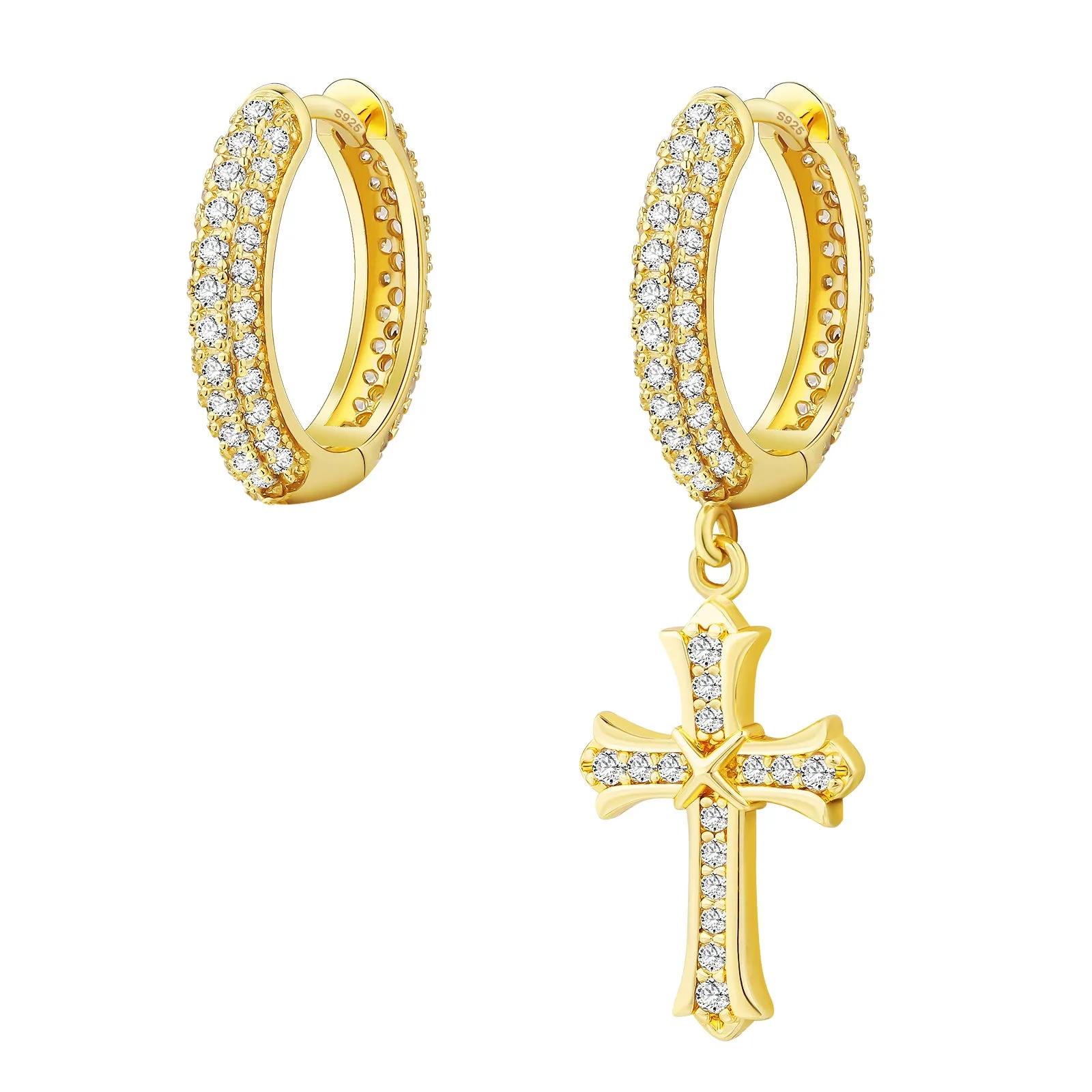 Asymmetric Hoop Earrings for Men with CZ Dangle Cross