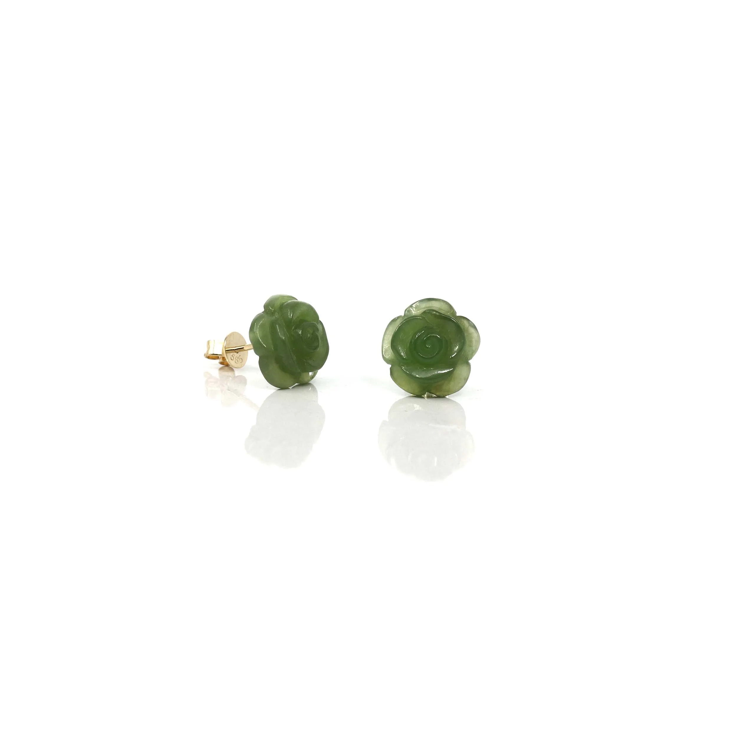 Baikalla™ "Rose Flowers" 14k Solid Gold Real Green Jade Rose Flower Earrings