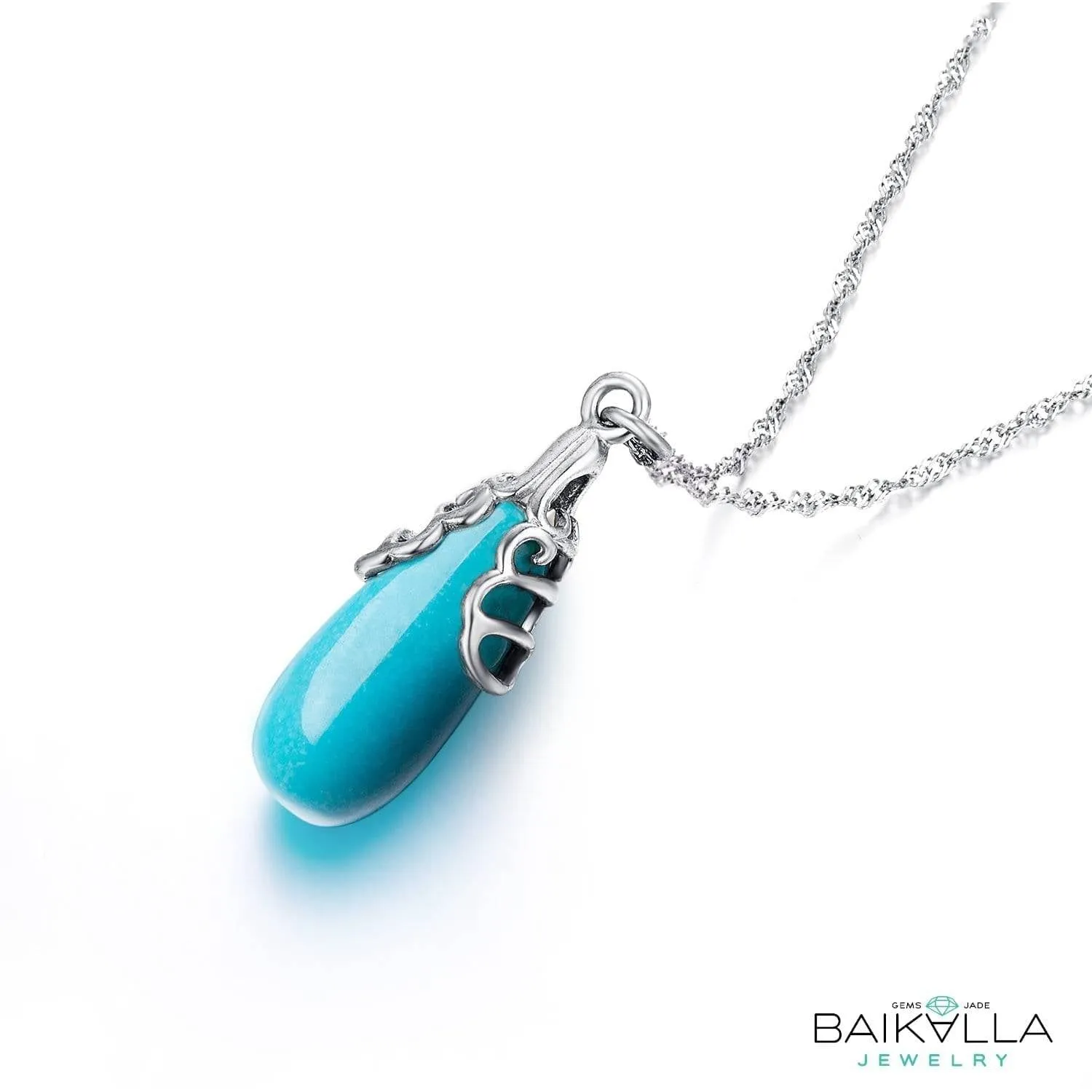 Baikalla™ "Sasha" Genuine Turquoise Drop Pendant Necklace with Sterling Silver