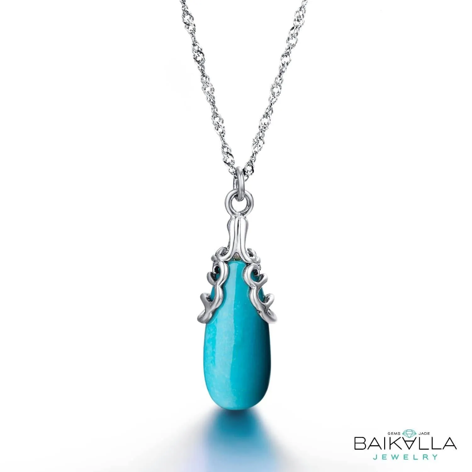 Baikalla™ "Sasha" Genuine Turquoise Drop Pendant Necklace with Sterling Silver
